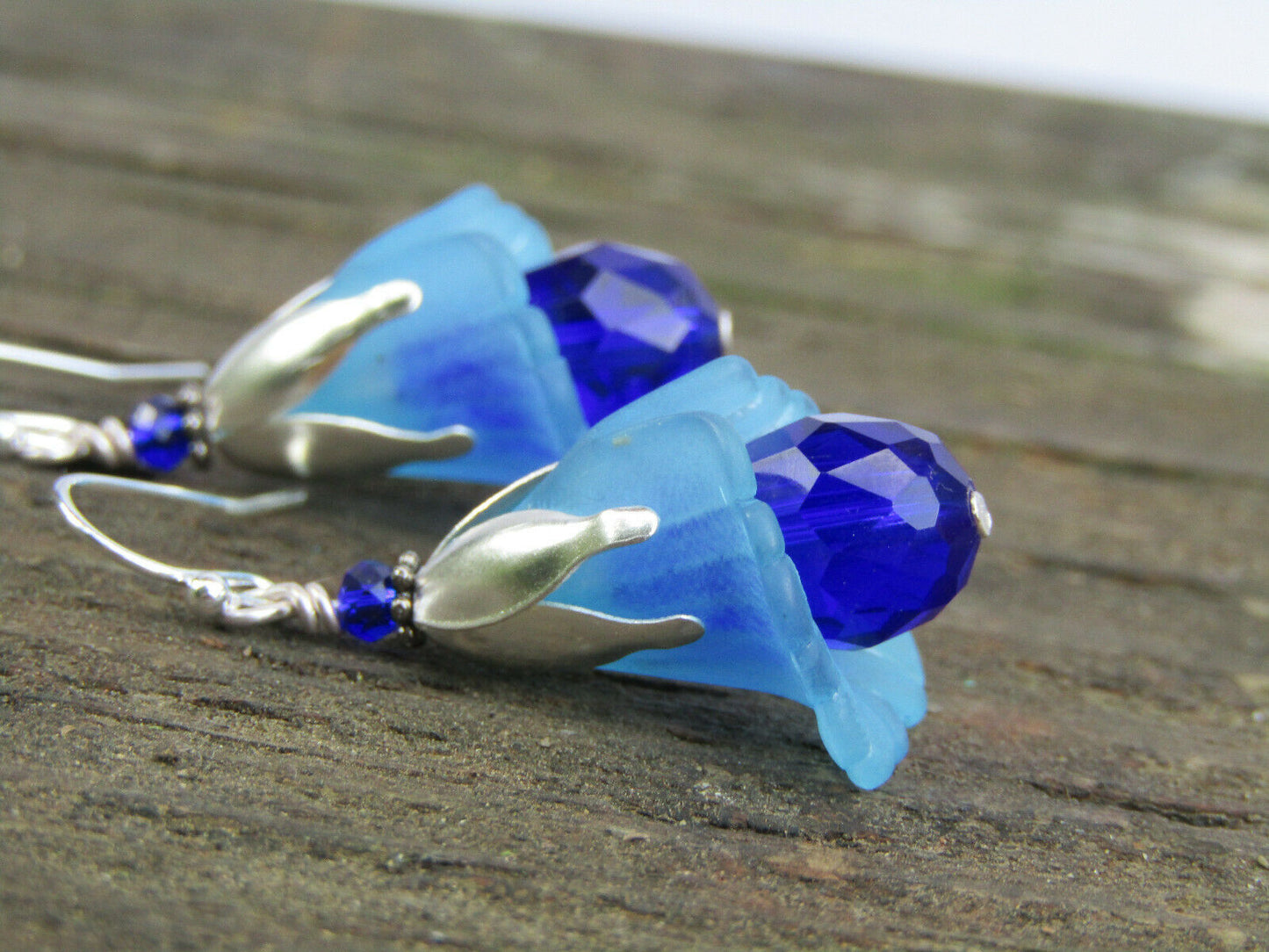 Flower Earrings BLUE Tulip Cala Lily Silver Dangle Earrings Sparkling Crystal - Bad Apple Designs Jewelry