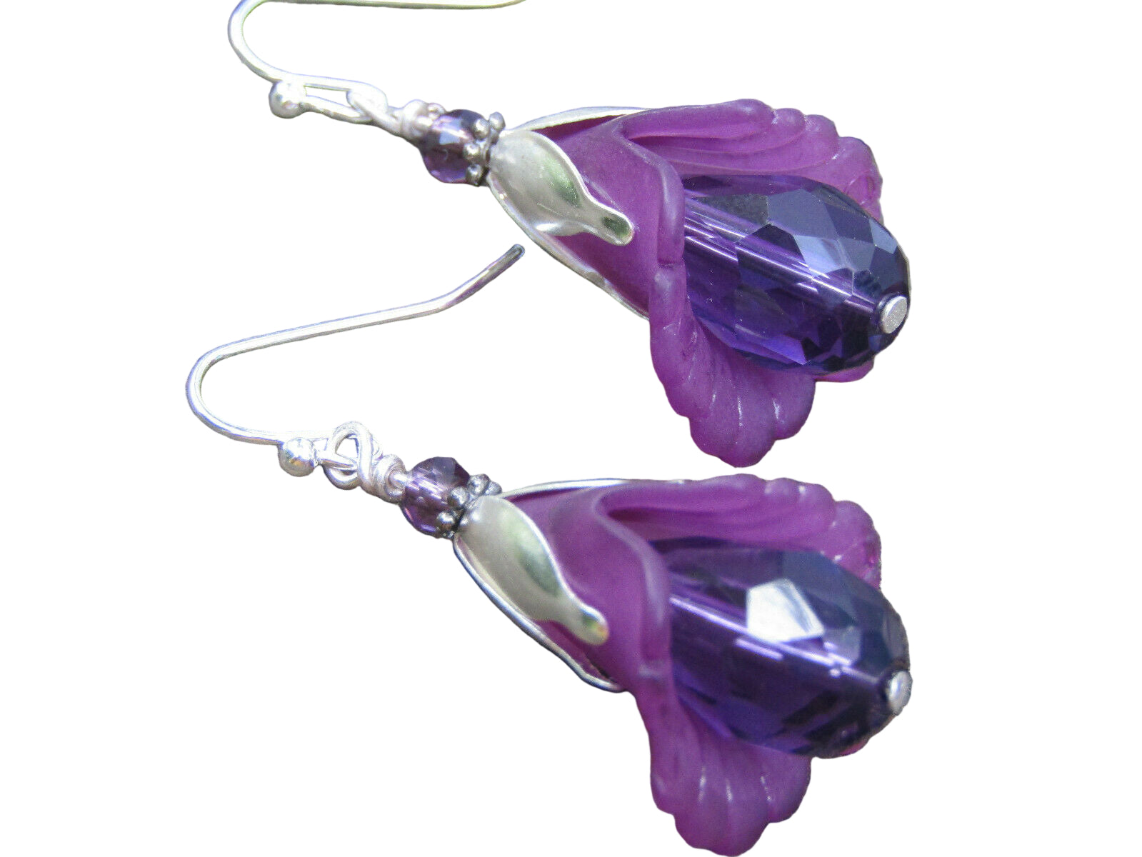 Flower Earrings Purple Tulip Cala Lily Silver Dangle Earrings Sparkling Crystal - Bad Apple Designs Jewelry