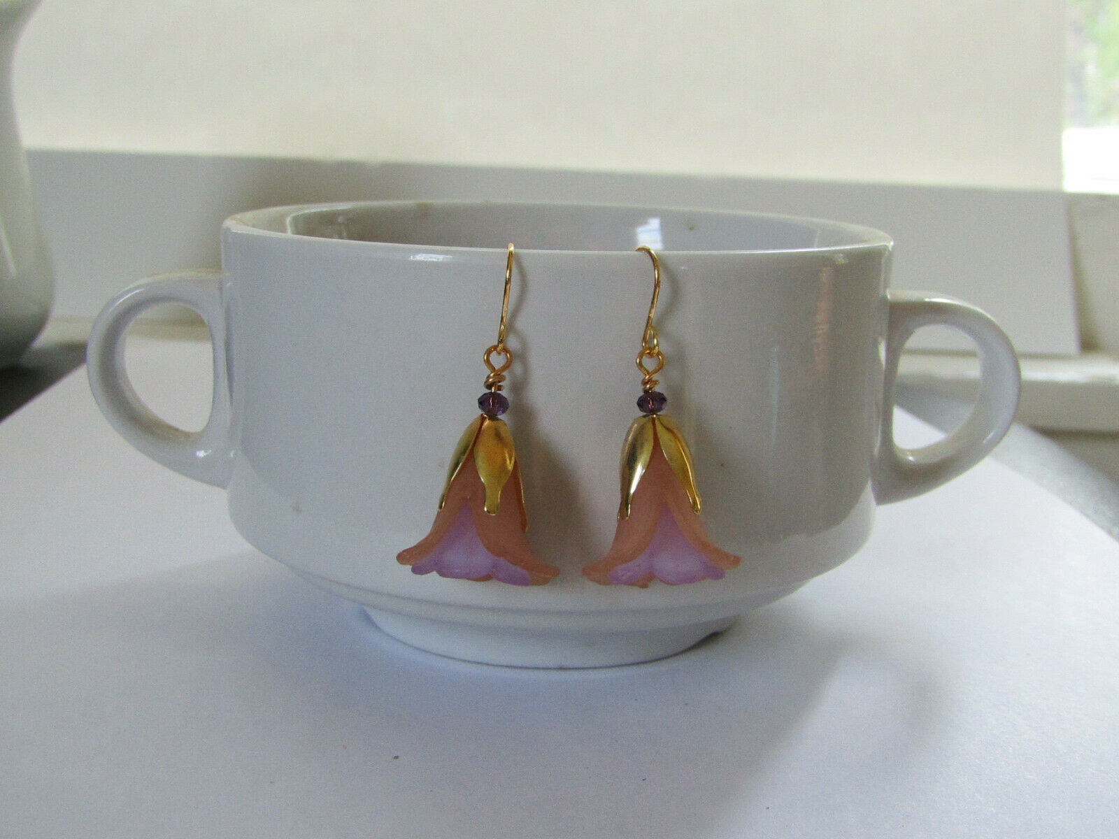Flower Earrings Beige/Purple Tulip Cala Lily Gold Dangle Earrings Usa Handmade - Bad Apple Designs Jewelry