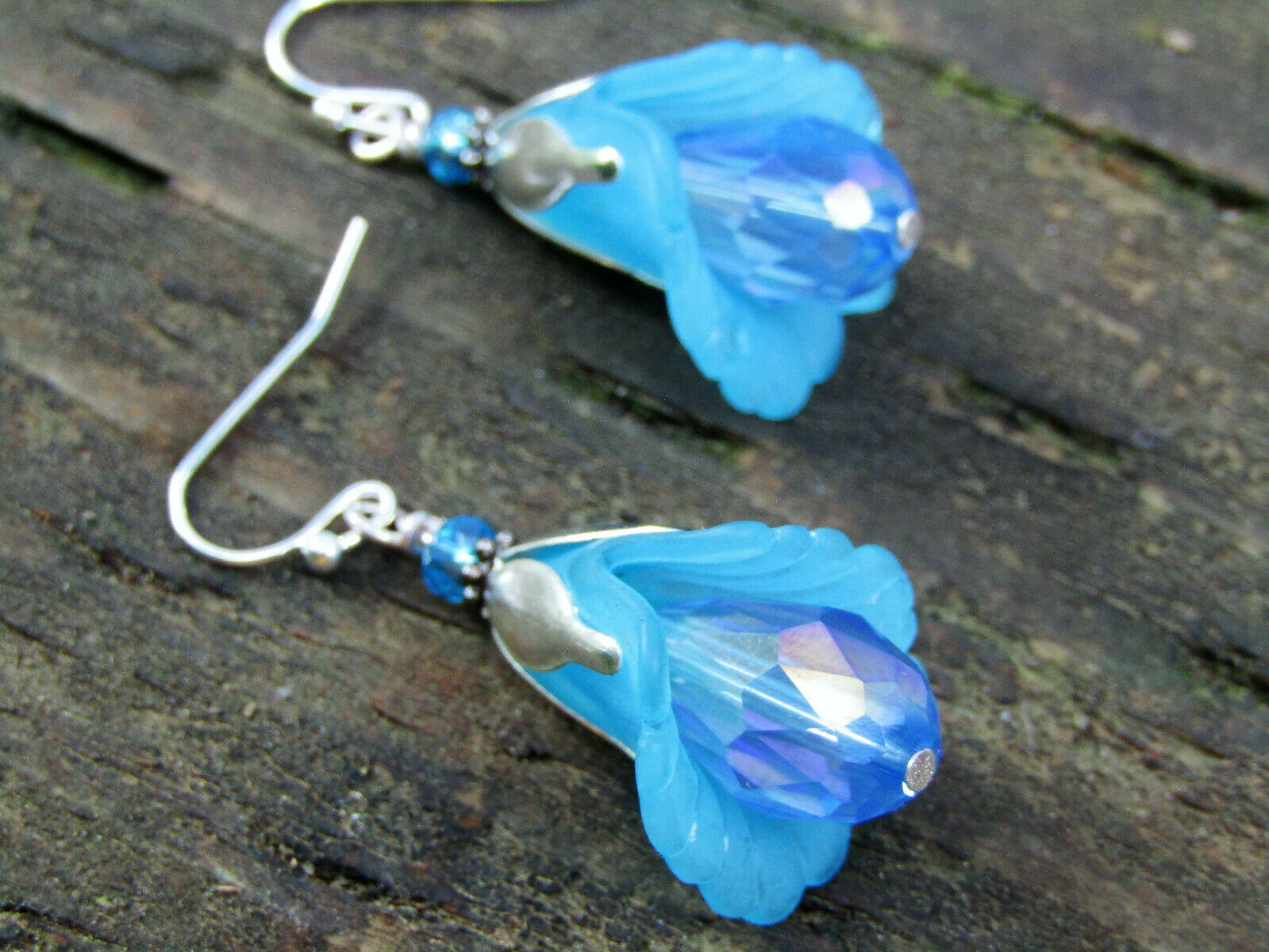 Flower Earrings Blue Tulip Cala Lily Silver Dangle Earrings Sparkling Crystal - Bad Apple Designs Jewelry