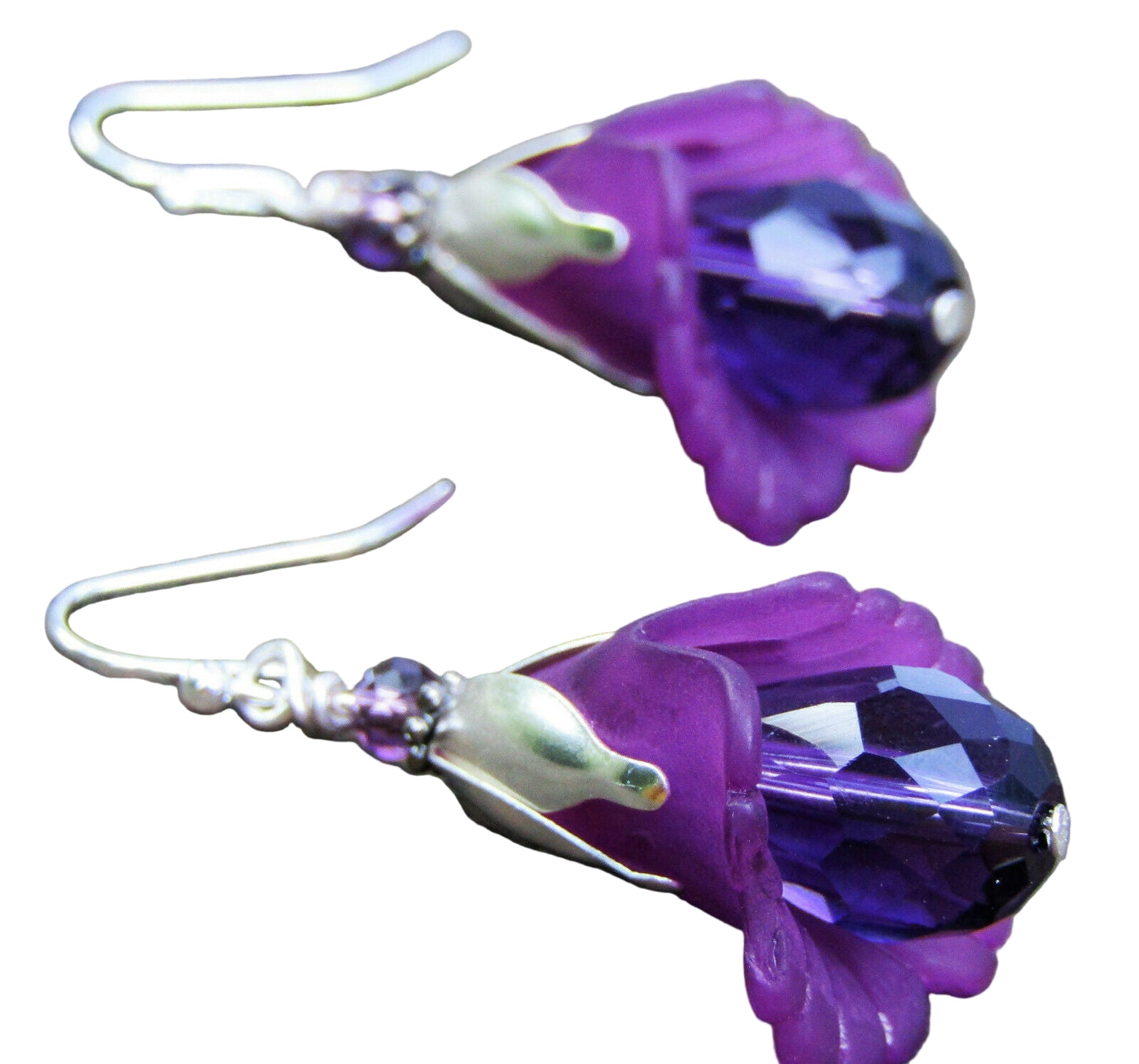 Flower Earrings Purple Tulip Cala Lily Silver Dangle Earrings Sparkling Crystal - Bad Apple Designs Jewelry