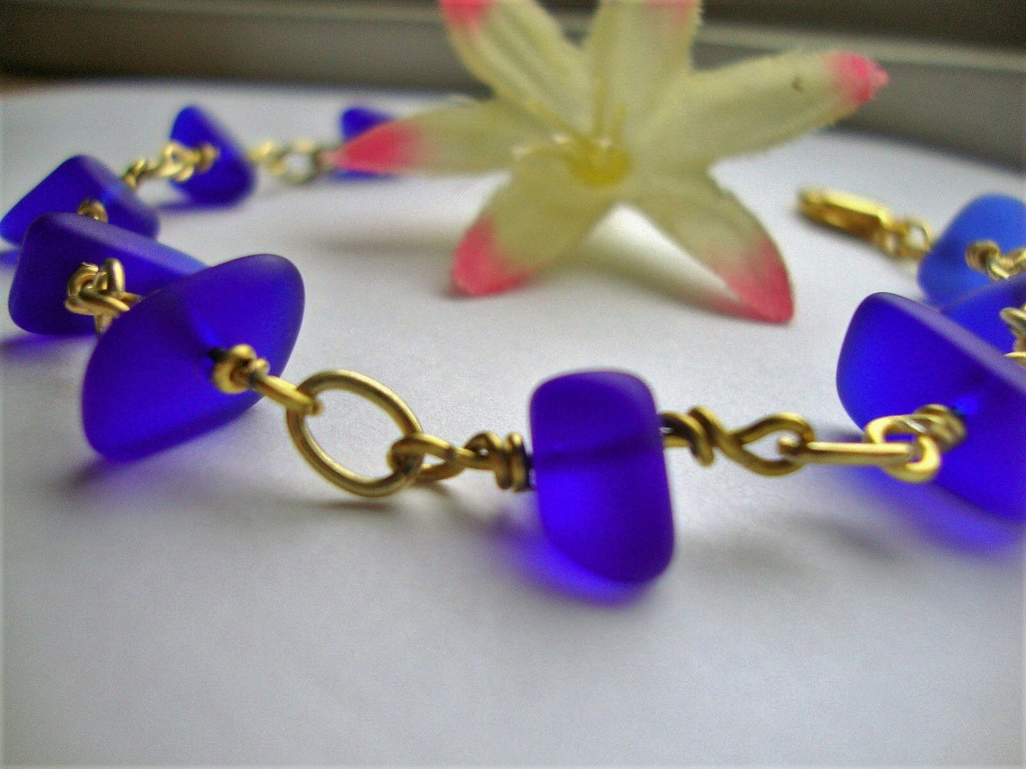 Cobalt Blue Sea Glass Gold Chain Link Bracelet - Bad Apple Designs Jewelry