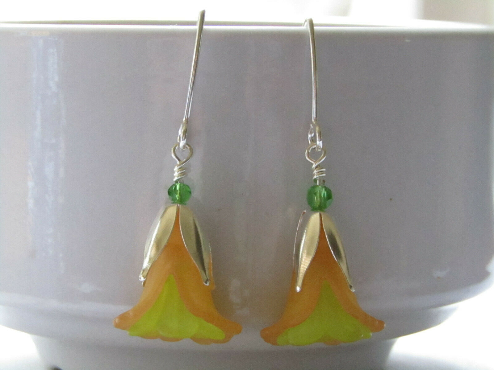 Flower Earrings Orange Green Tulip Cala Lily Silver Dangle Earrings Usa Handmade - Bad Apple Designs Jewelry