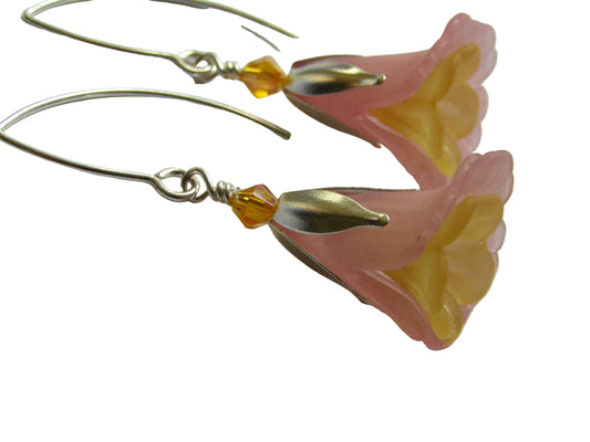 Flower Earrings Pink Orange Tulip Cala Lily Silver Dangle Earrings Usa Handmade - Bad Apple Designs Jewelry