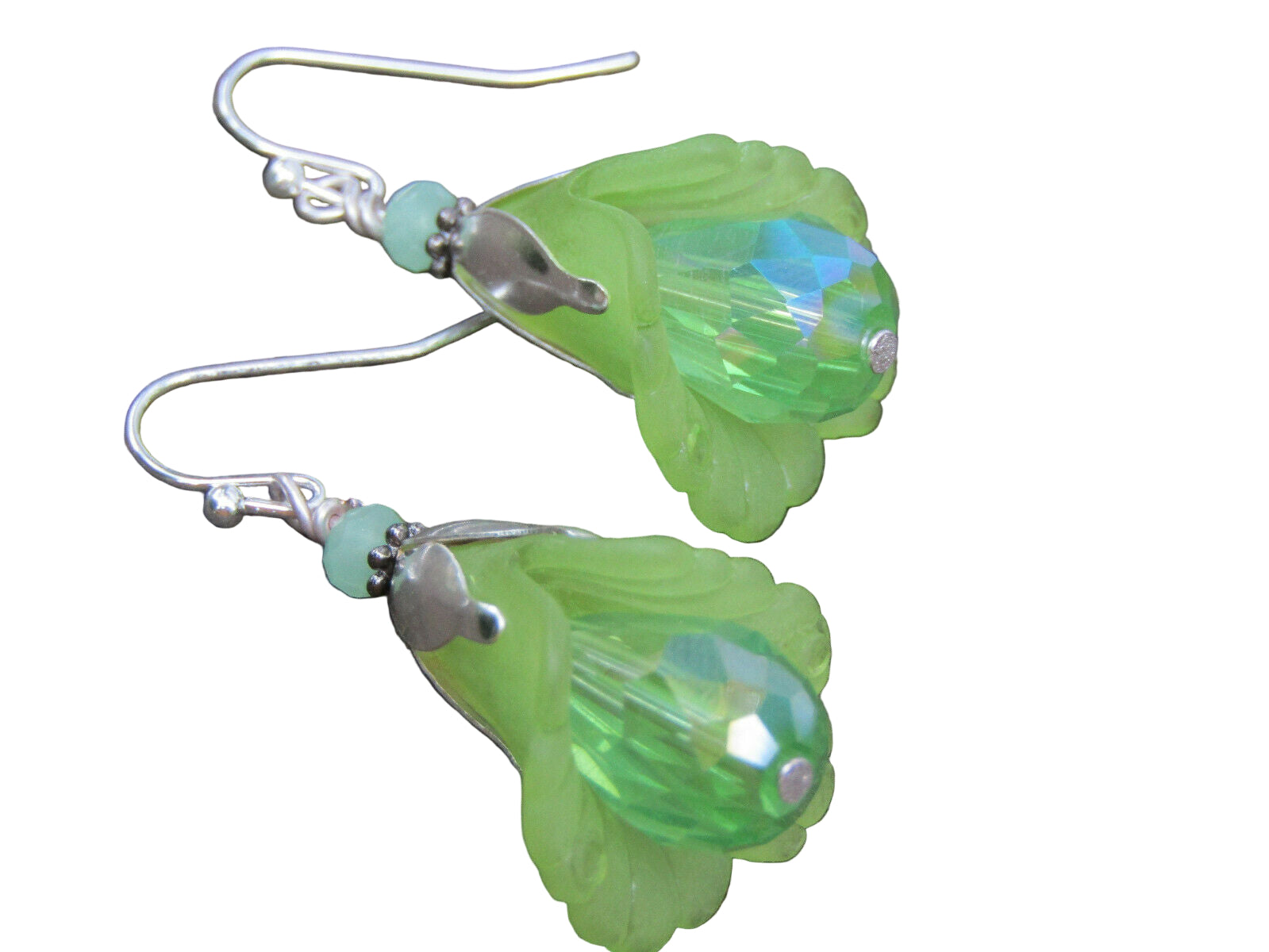Flower Earrings Green Tulip Cala Lily Silver Dangle Earrings Sparkling Crystal - Bad Apple Designs Jewelry