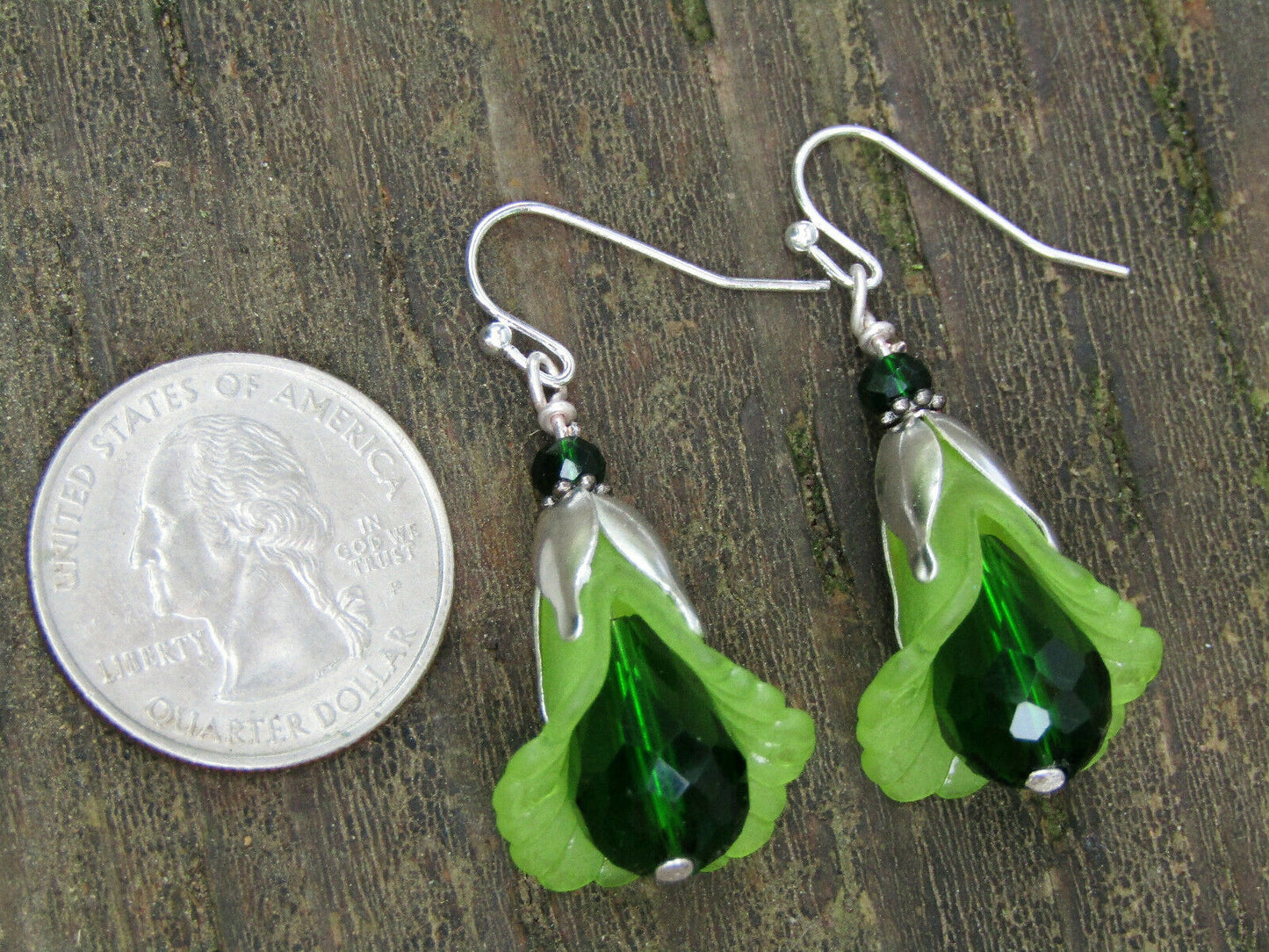 Flower Earrings Green Tulip Cala Lily Silver Dangle Earrings Sparkling Crystal - Bad Apple Designs Jewelry