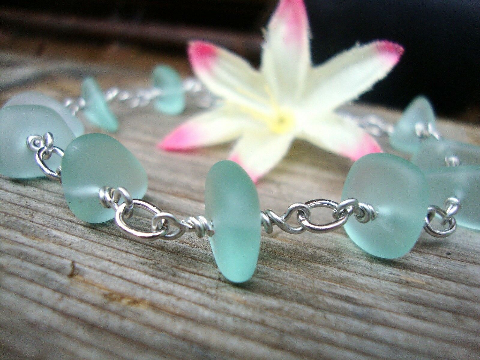 Sea Glass Silver Chain Bracelet 