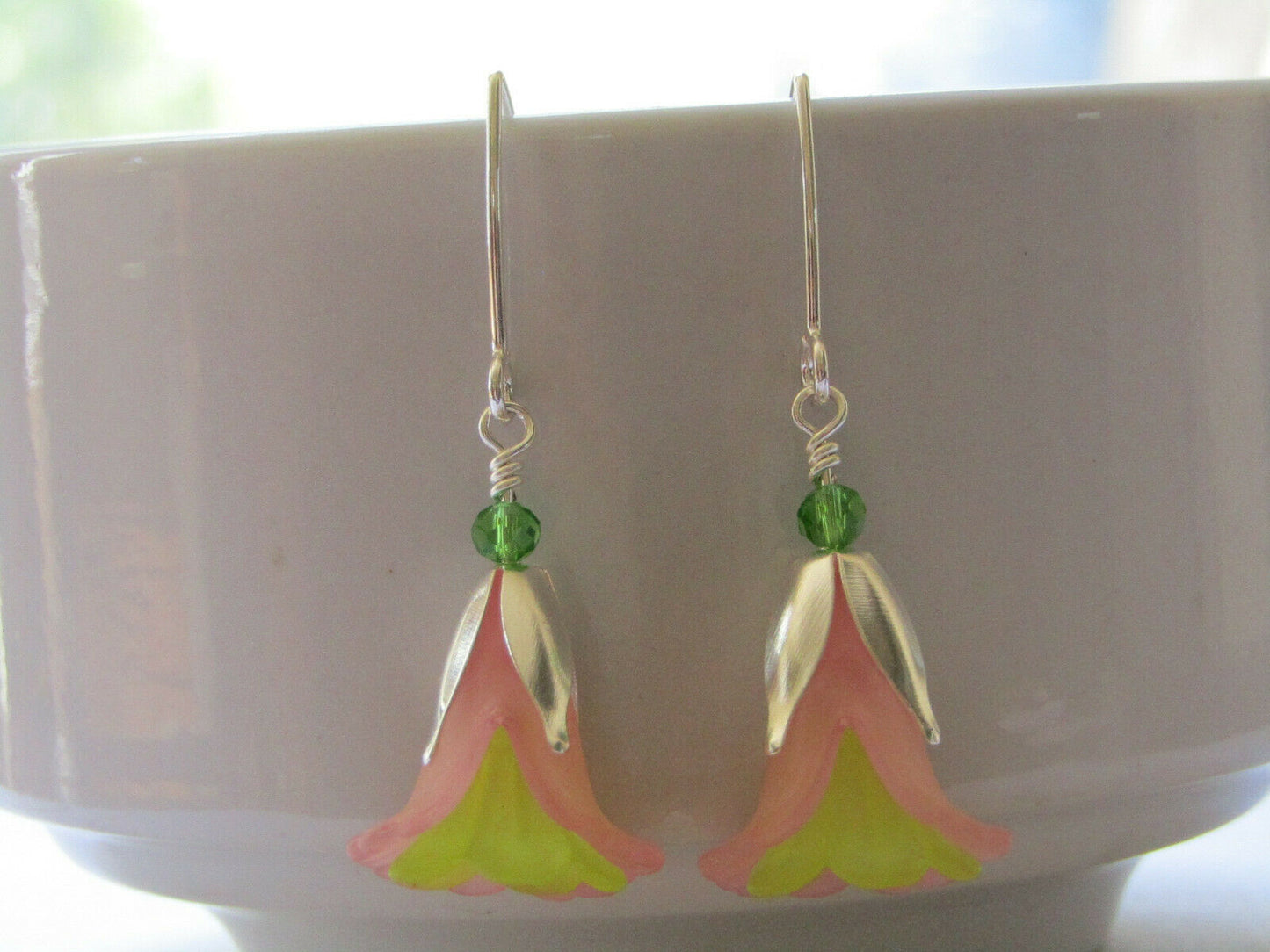 Flower Earrings Pink Green Tulip Cala Lily Silver Dangle Earrings Usa Handmade - Bad Apple Designs Jewelry