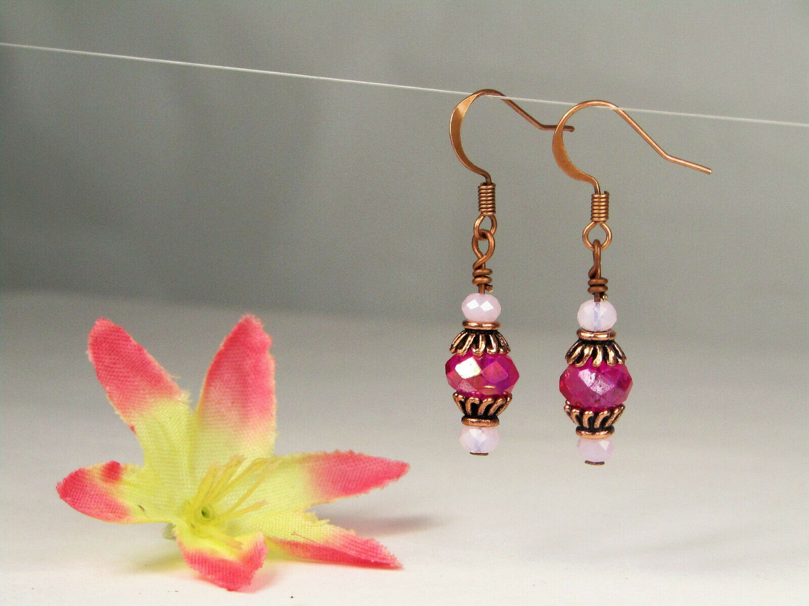 Faceted Hot Pink Crystal Antique Copper Capped Dangle Earrings Usa Handmade - Bad Apple Designs Jewelry