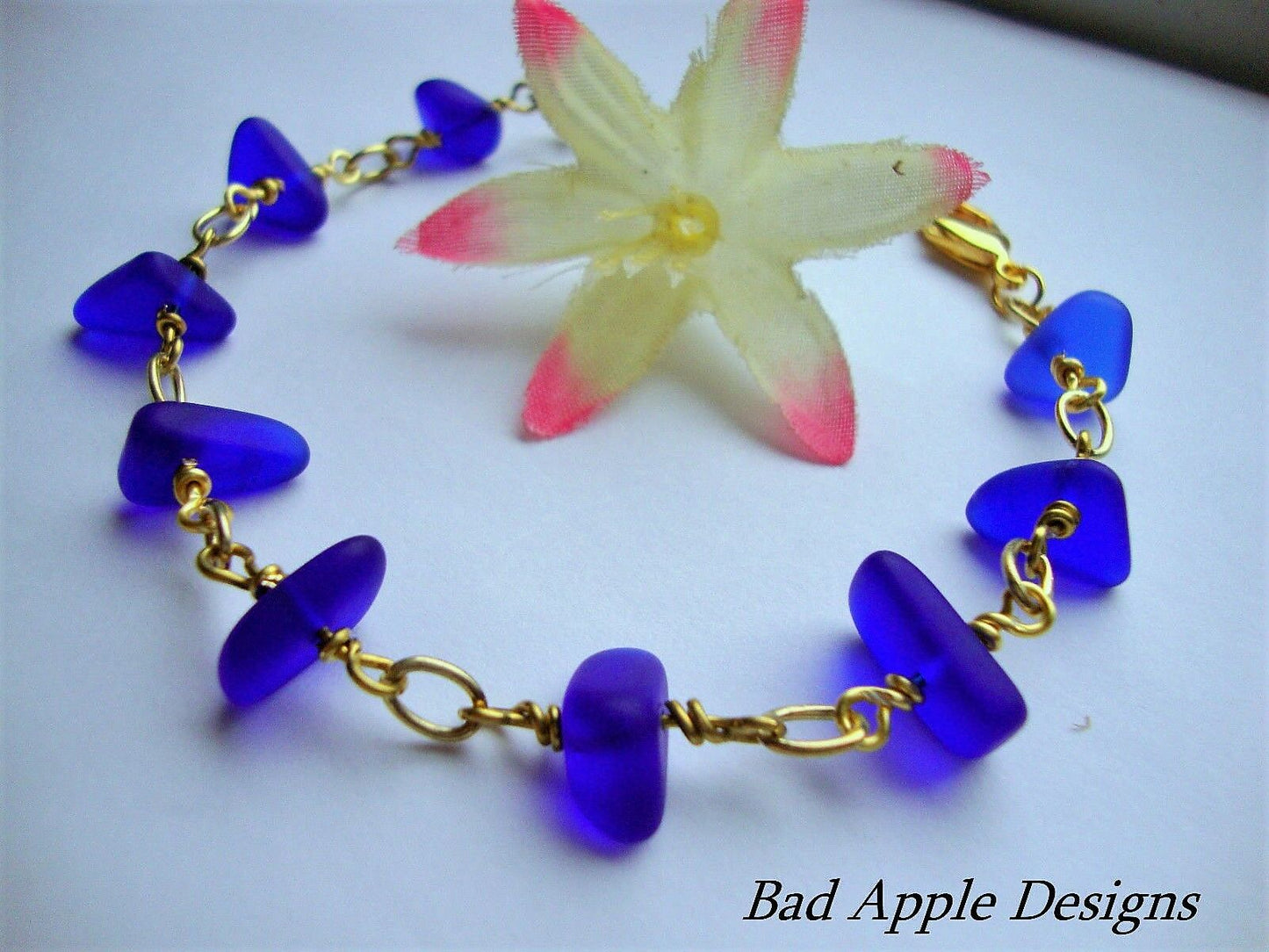 Cobalt Blue Sea Glass Gold Chain Link Bracelet - Bad Apple Designs Jewelry