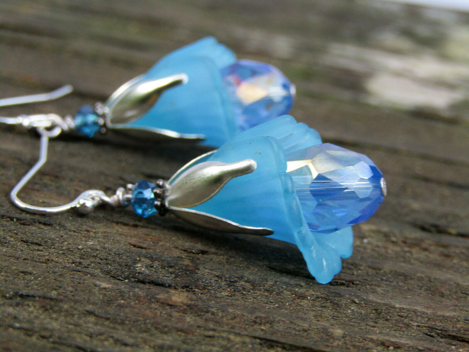 Flower Earrings Blue Tulip Cala Lily Silver Dangle Earrings Sparkling Crystal - Bad Apple Designs Jewelry