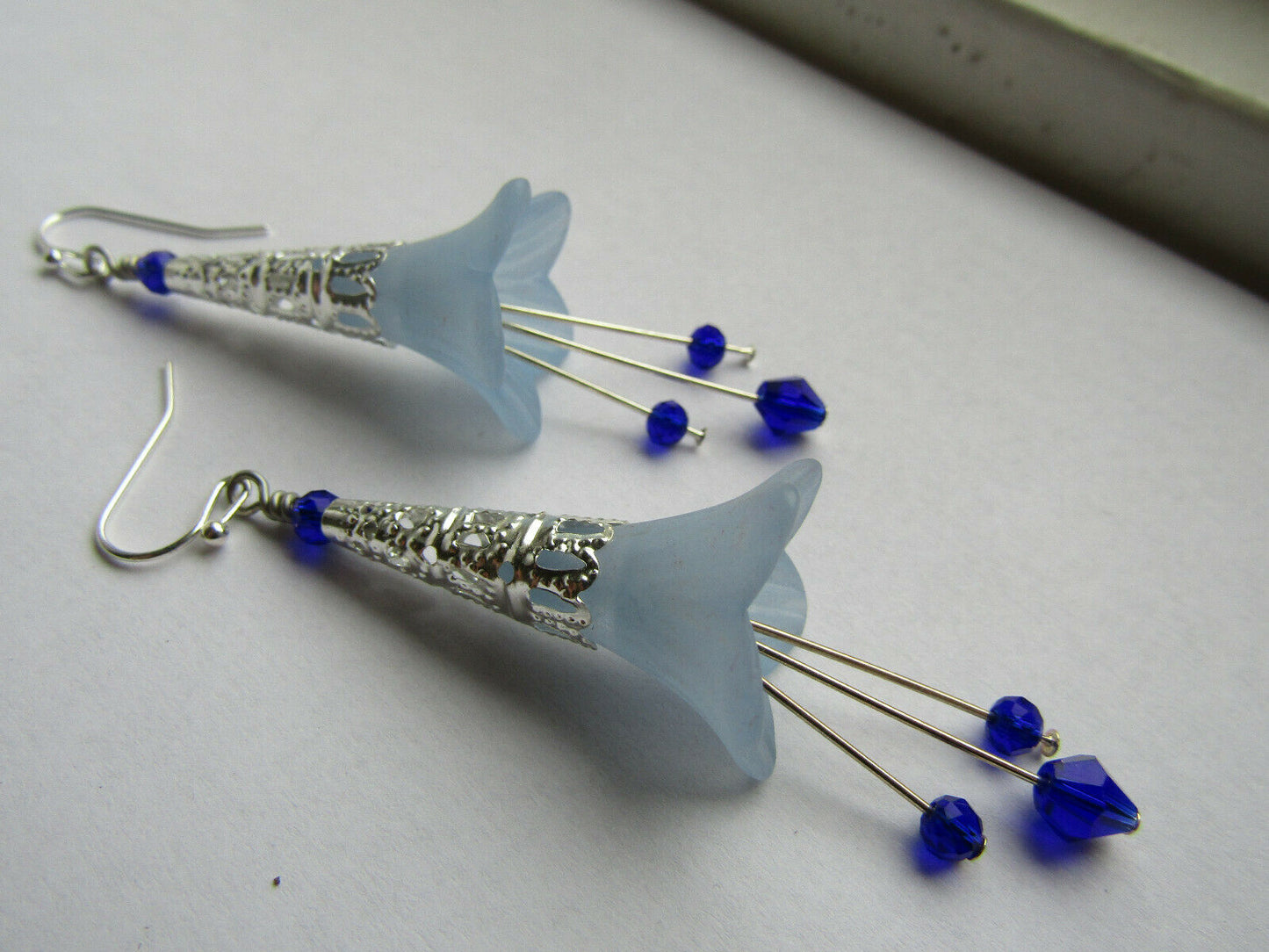 Flower Earrings Dark Blue Dangle Lucite Trumpet Lily Silver Plated Usa Handmade - Bad Apple Designs Jewelry