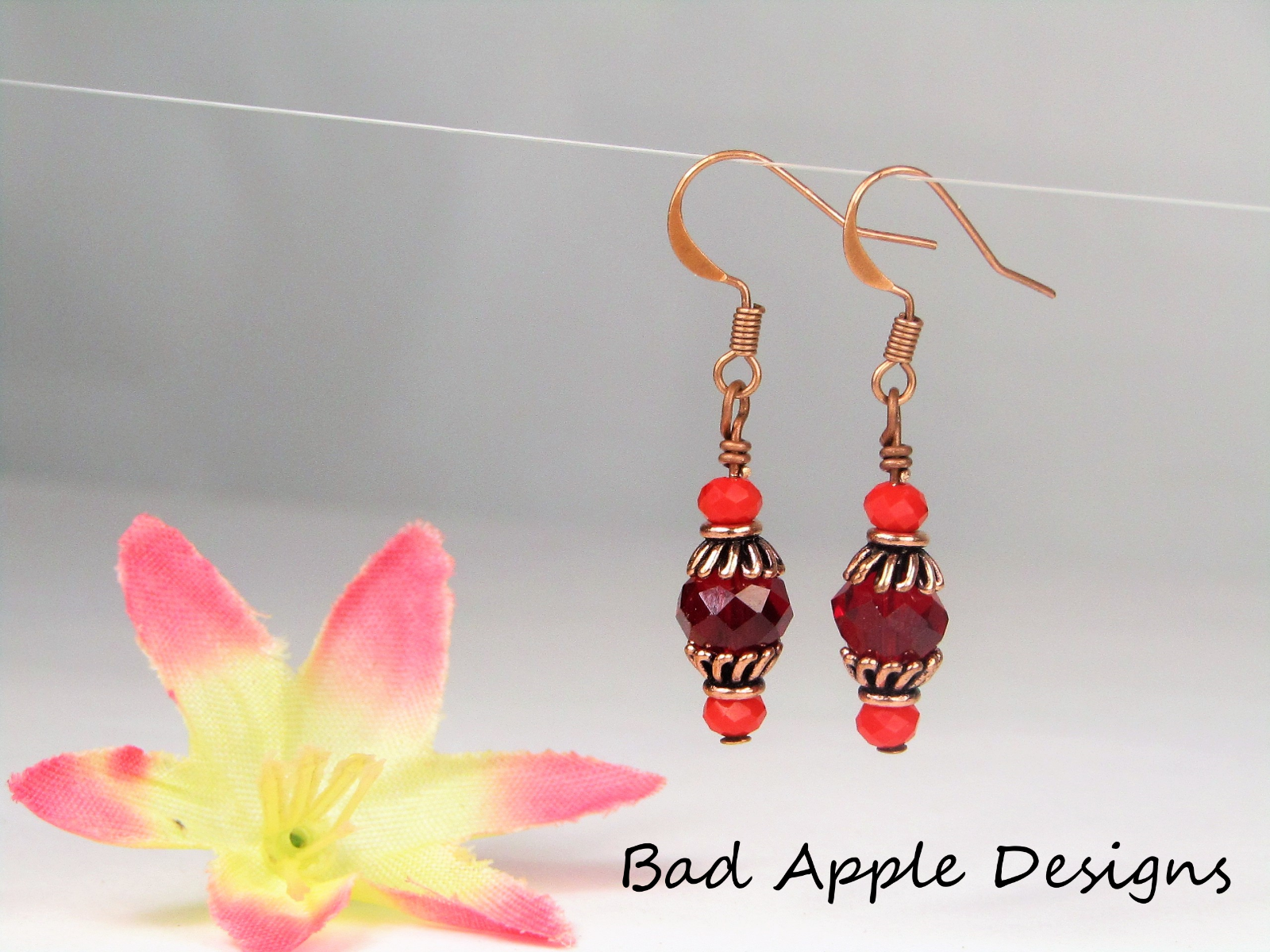 Faceted Red Crystal Antique Copper Capped Dangle Earrings , Artisan Made Ooak - Bad Apple Designs Jewelry