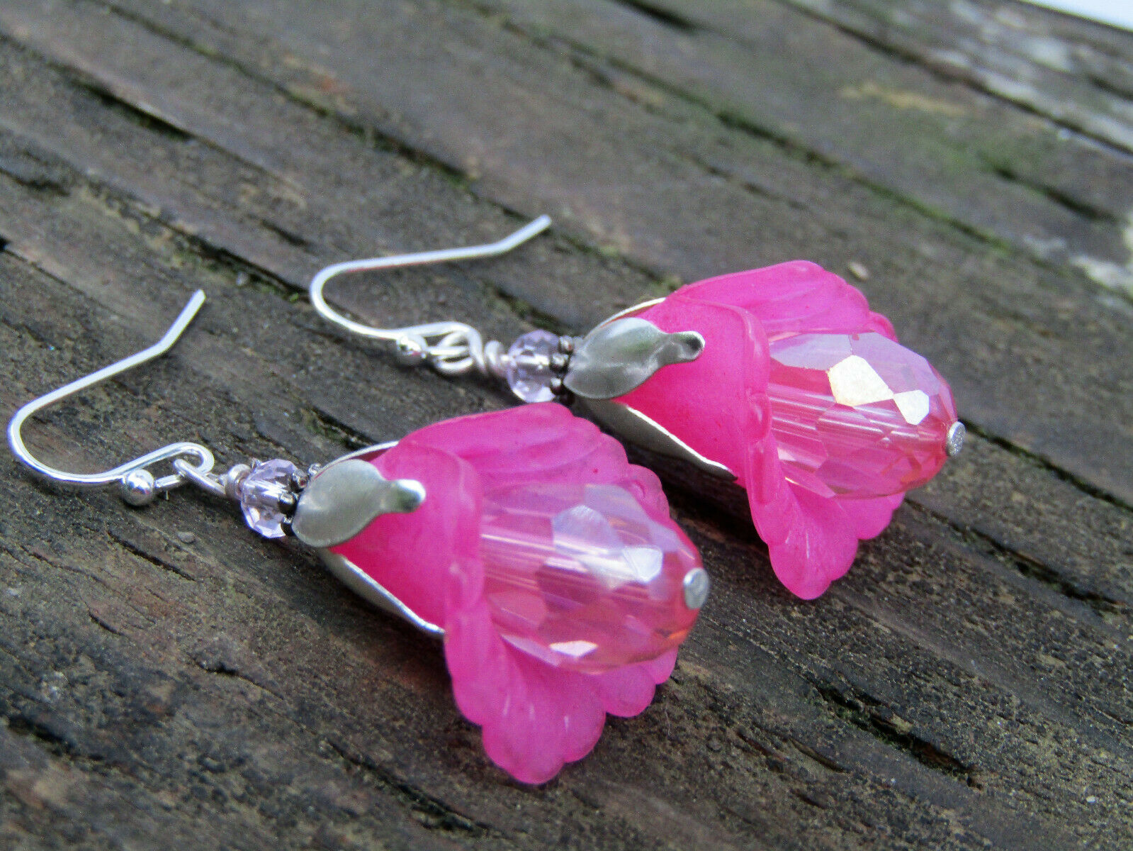 Flower Earrings Pink Tulip Cala Lily Silver Dangle Earrings Sparkling Crystal - Bad Apple Designs Jewelry