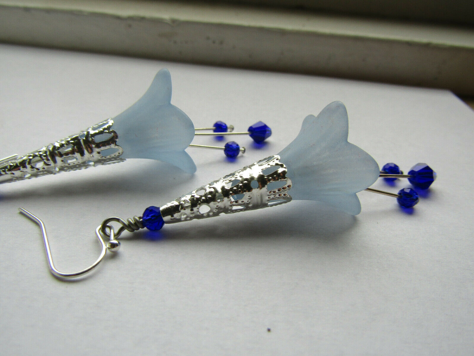 Flower Earrings Dark Blue Dangle Lucite Trumpet Lily Silver Plated Usa Handmade - Bad Apple Designs Jewelry