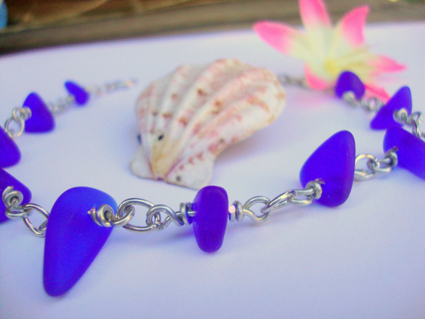 Cobalt Blue Sea Glass Silver Chain Link Bracelet Beach Glass Tumbled - Bad Apple Designs Jewelry