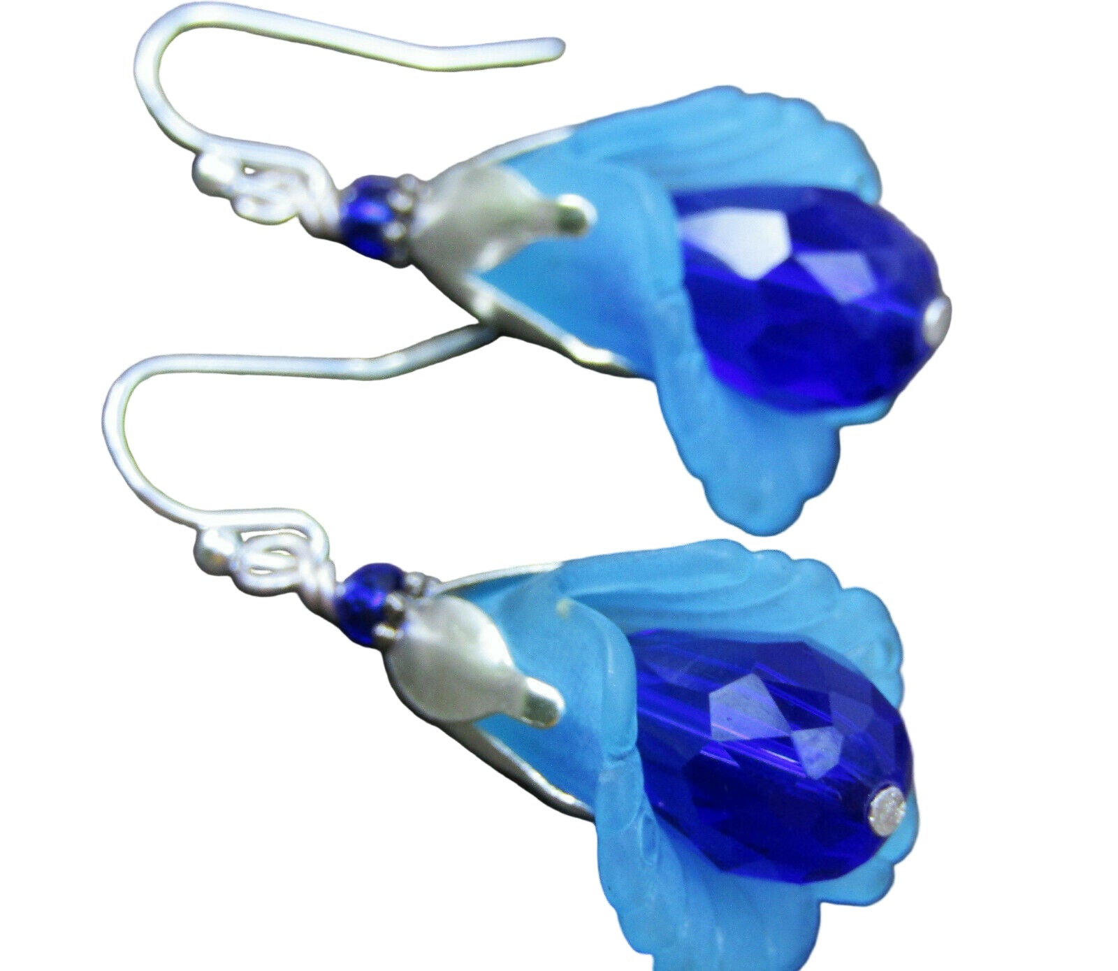 Flower Earrings BLUE Tulip Cala Lily Silver Dangle Earrings Sparkling Crystal - Bad Apple Designs Jewelry