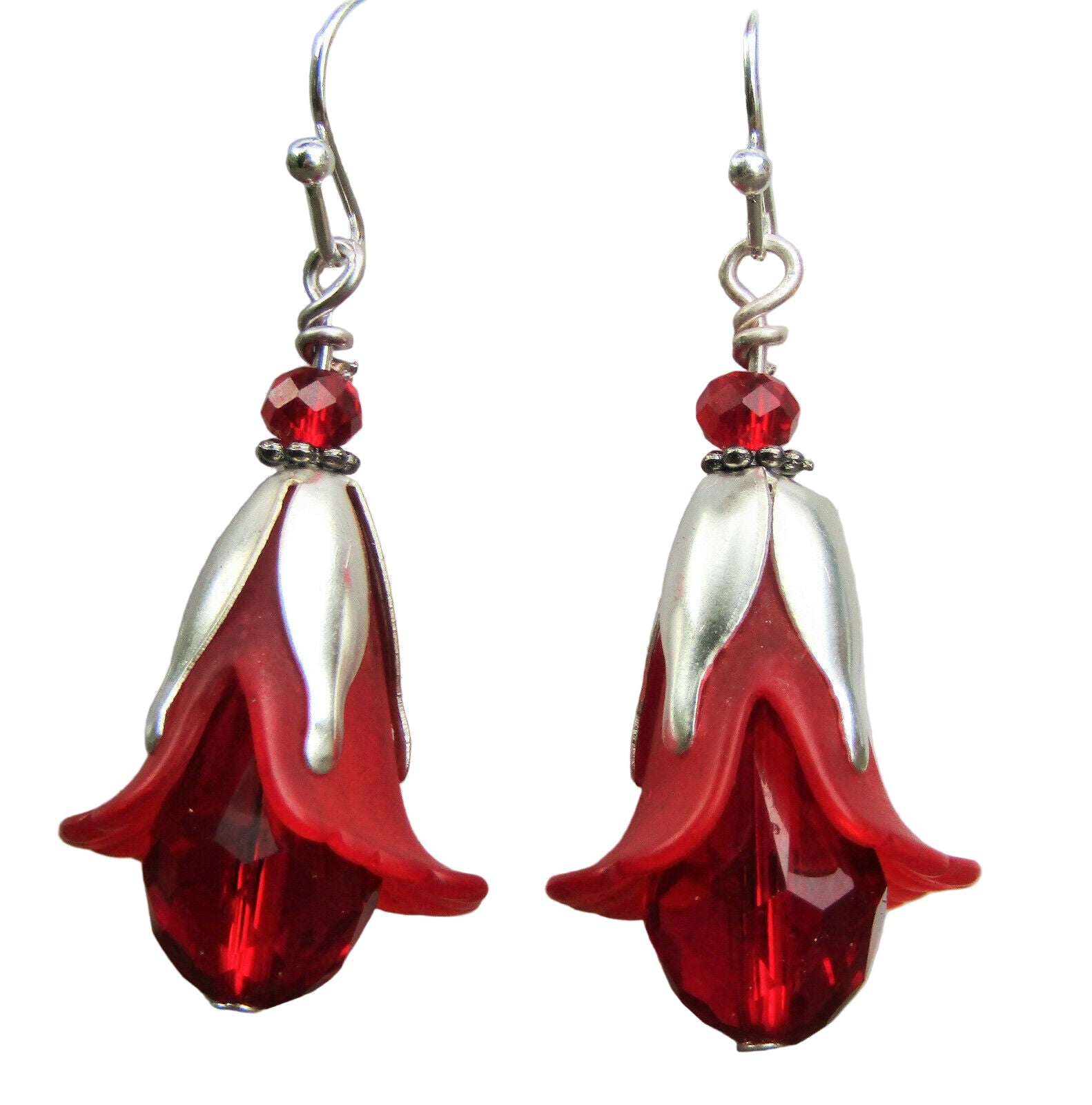 Flower Earrings Red Tulip Cala Lily Silver Dangle Earrings Sparkling Crystal - Bad Apple Designs Jewelry