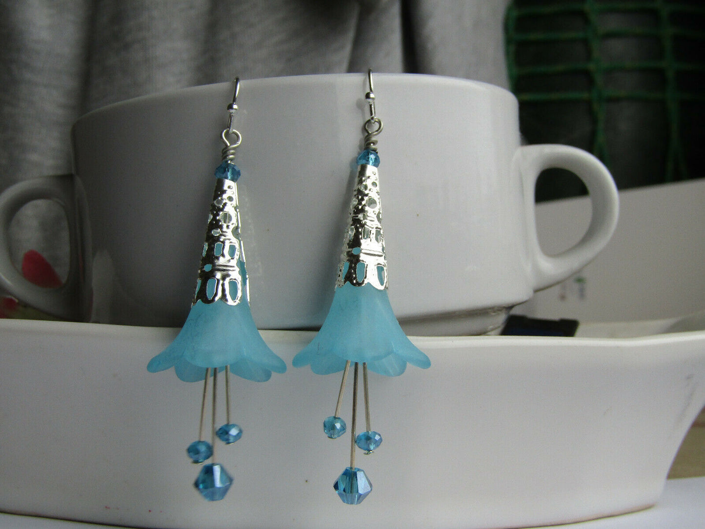 Flower Earrings Light Blue Dangle Lucite Trumpet Lily Silver Plated Usa Handmade - Bad Apple Designs Jewelry