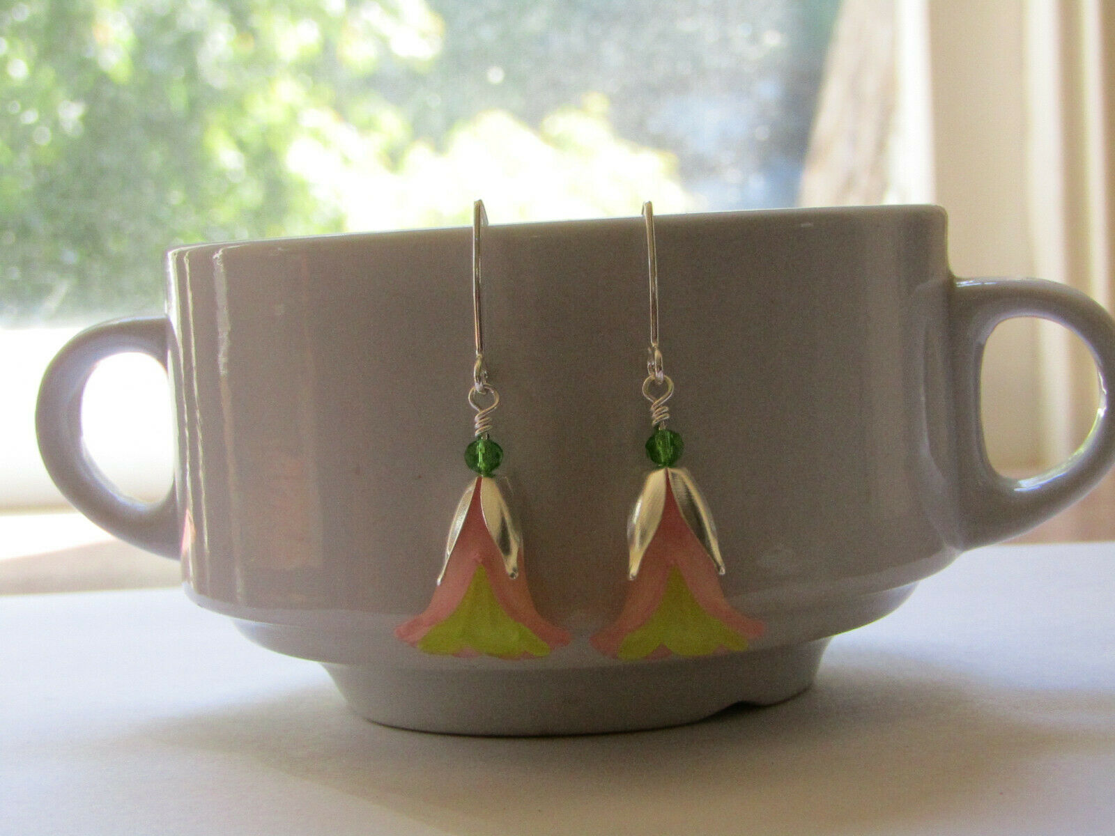 Flower Earrings Pink Green Tulip Cala Lily Silver Dangle Earrings Usa Handmade - Bad Apple Designs Jewelry