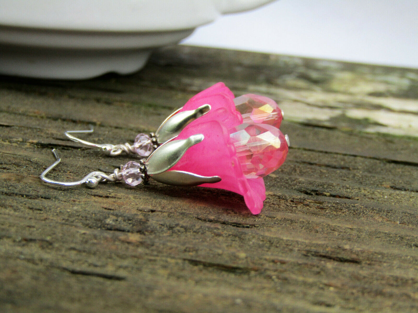 Flower Earrings Pink Tulip Cala Lily Silver Dangle Earrings Sparkling Crystal - Bad Apple Designs Jewelry