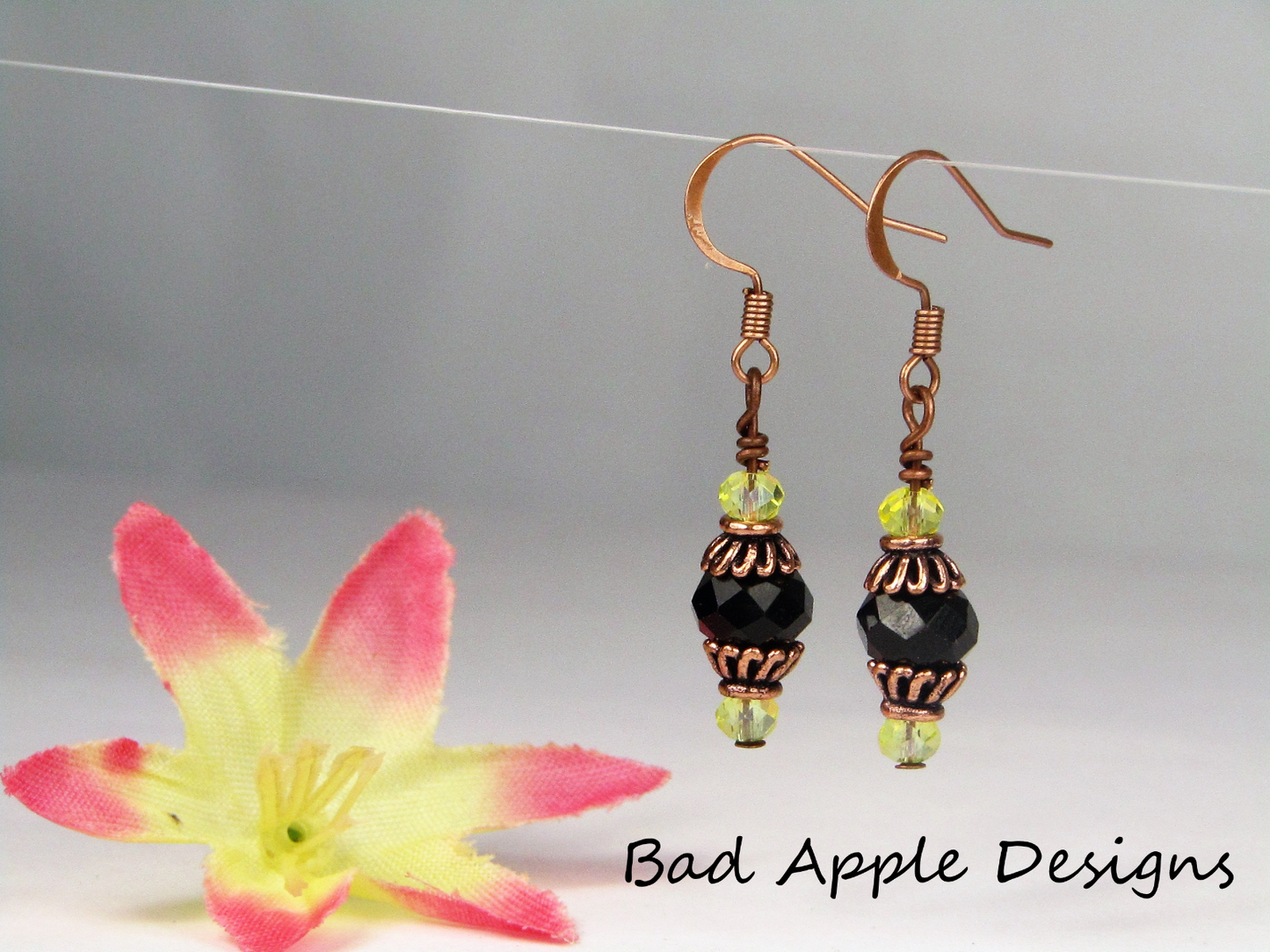 Faceted Black Yellow Crystal Antique Copper Capped Dangle Earrings USA HANDMADE - Bad Apple Designs Jewelry