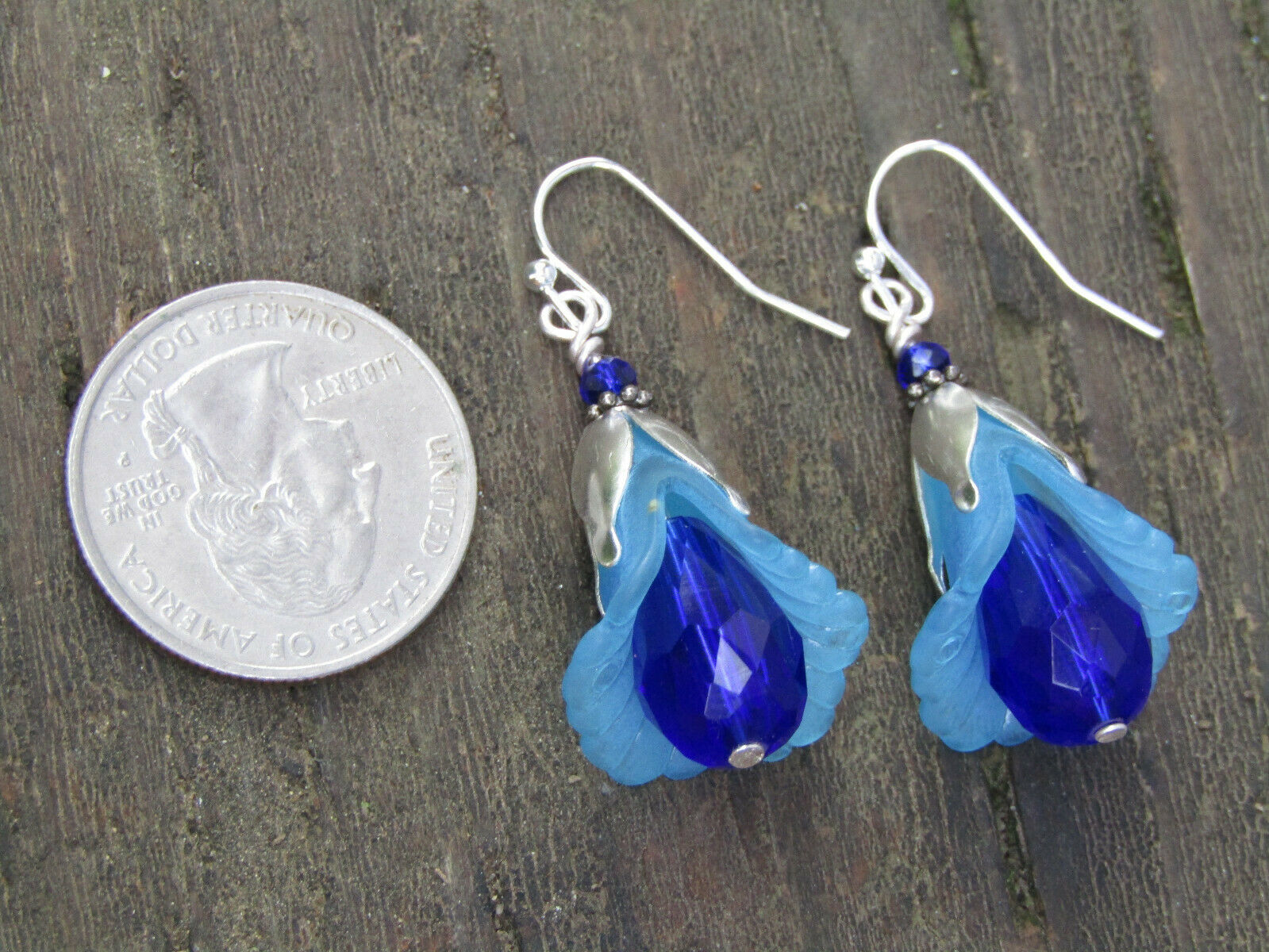 Flower Earrings BLUE Tulip Cala Lily Silver Dangle Earrings Sparkling Crystal - Bad Apple Designs Jewelry
