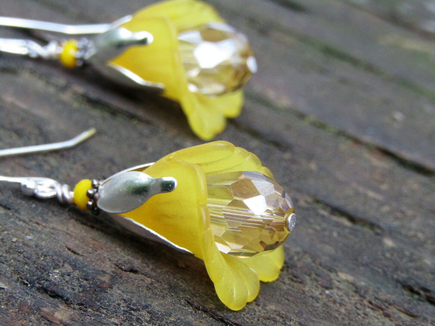 Flower Earrings Yellow Tulip Cala Lily Silver Dangle Earrings Sparkling Crystal - Bad Apple Designs Jewelry