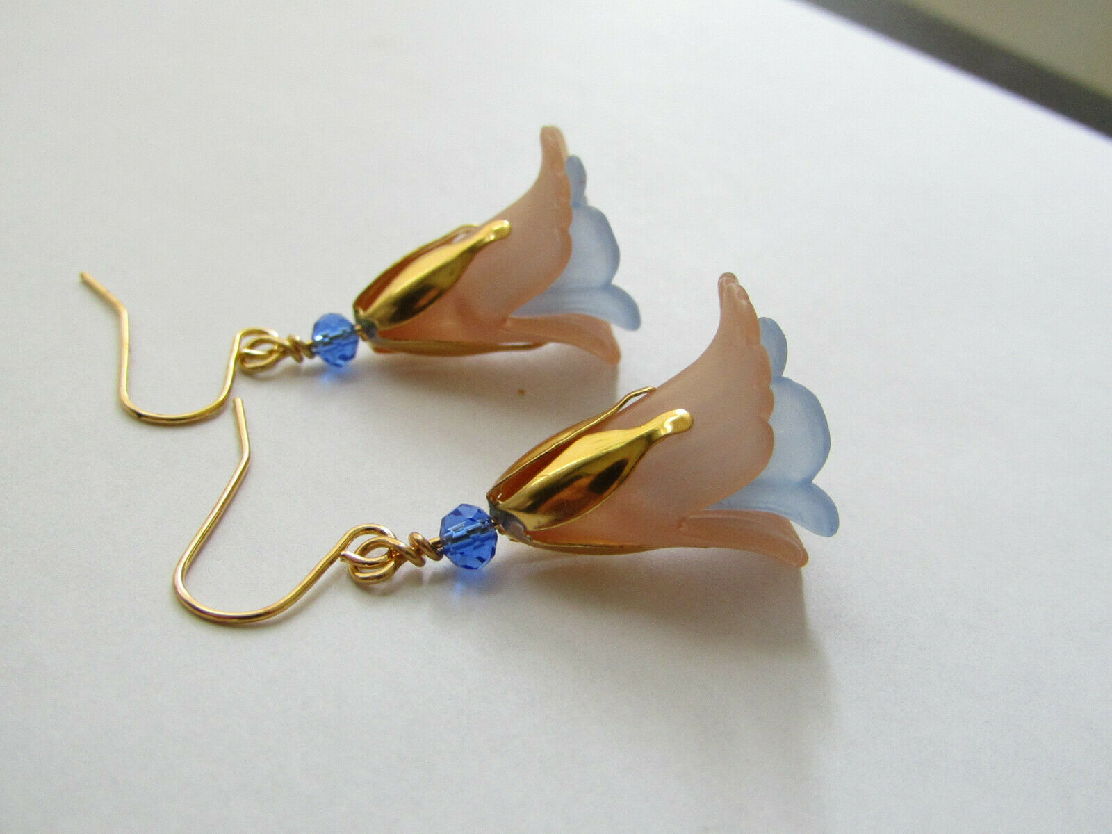 Flower Earrings Beige/Blue Tulip Cala Lily Gold Dangle Earrings Usa Handmade - Bad Apple Designs Jewelry
