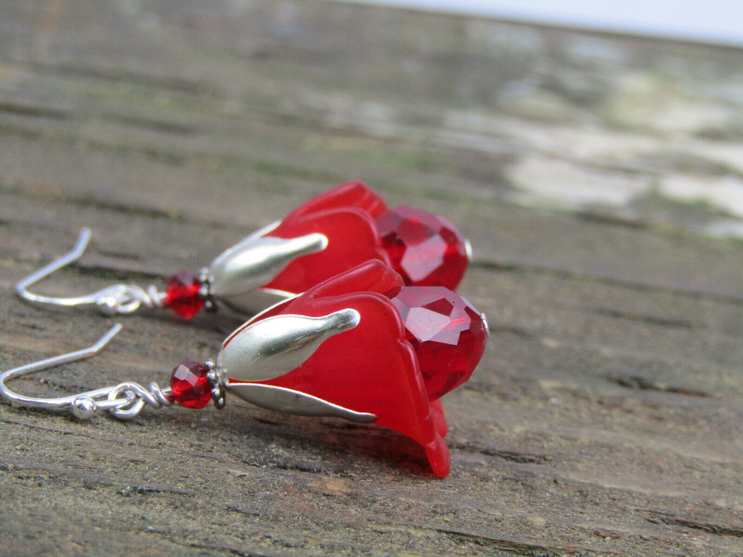 Flower Earrings Red Tulip Cala Lily Silver Dangle Earrings Sparkling Crystal - Bad Apple Designs Jewelry