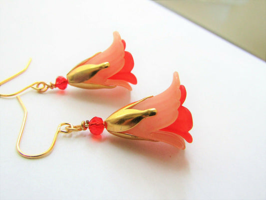 Flower Earrings Beige/Red Tulip Gold Dangle Earrings Usa Handmade Floral - Bad Apple Designs Jewelry