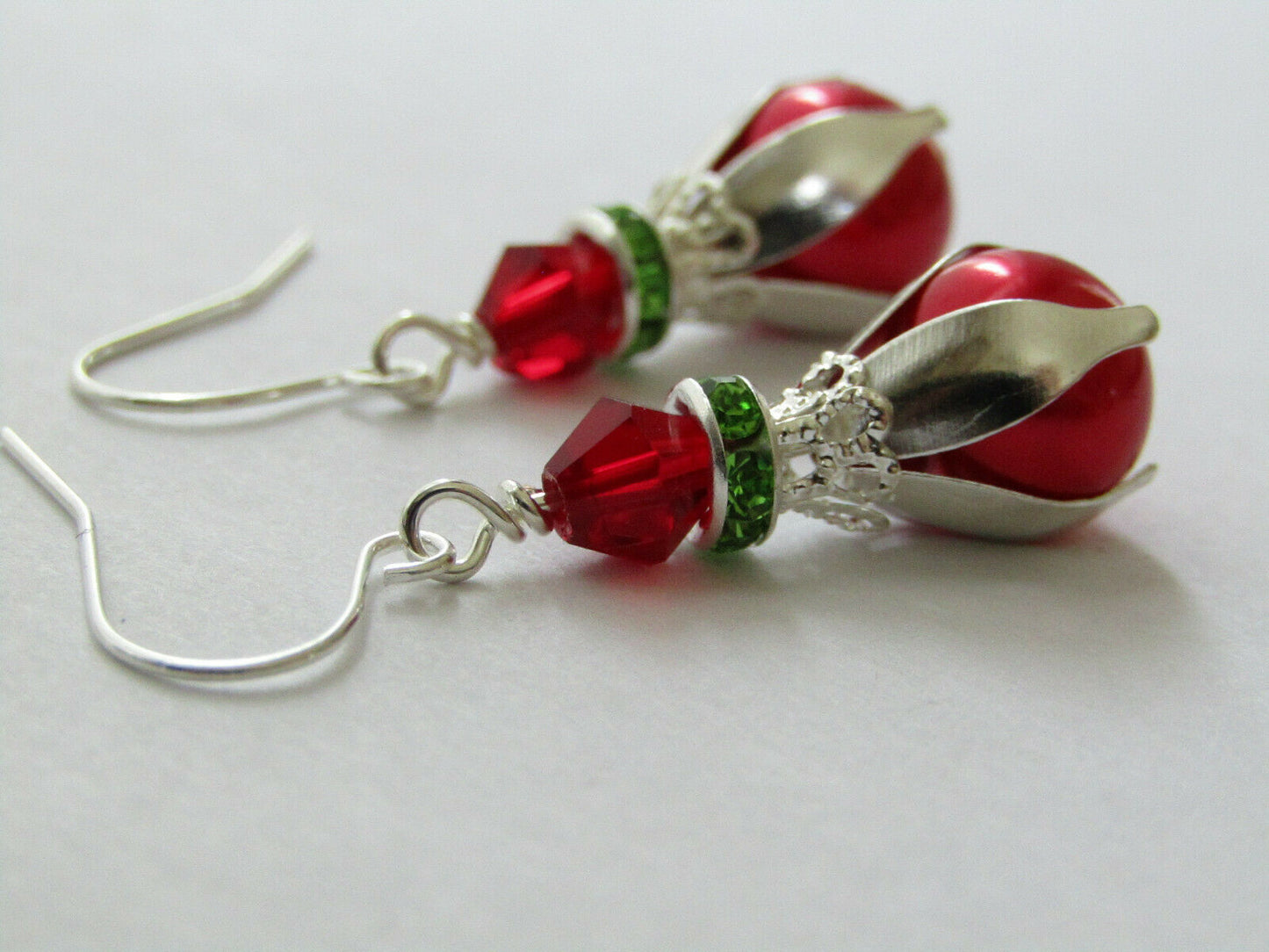 Red Glass Pearl Green Crystal Christmas Holiday Earrings Silver - Bad Apple Designs Jewelry