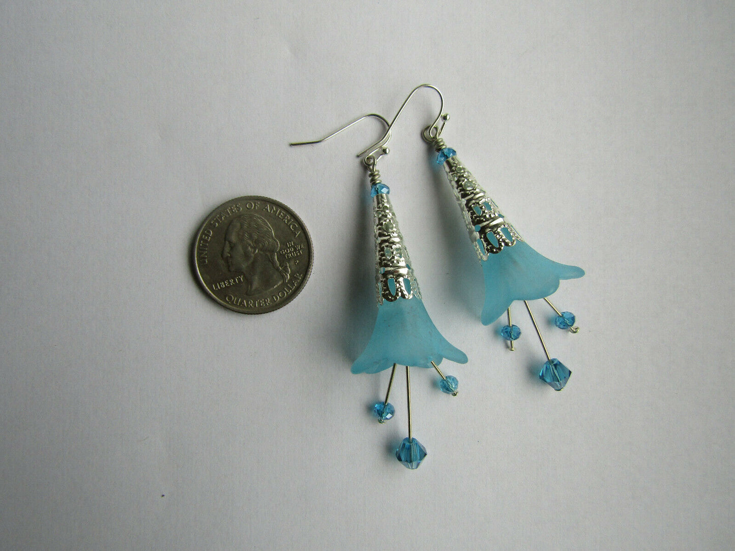 Flower Earrings Light Blue Dangle Lucite Trumpet Lily Silver Plated Usa Handmade - Bad Apple Designs Jewelry