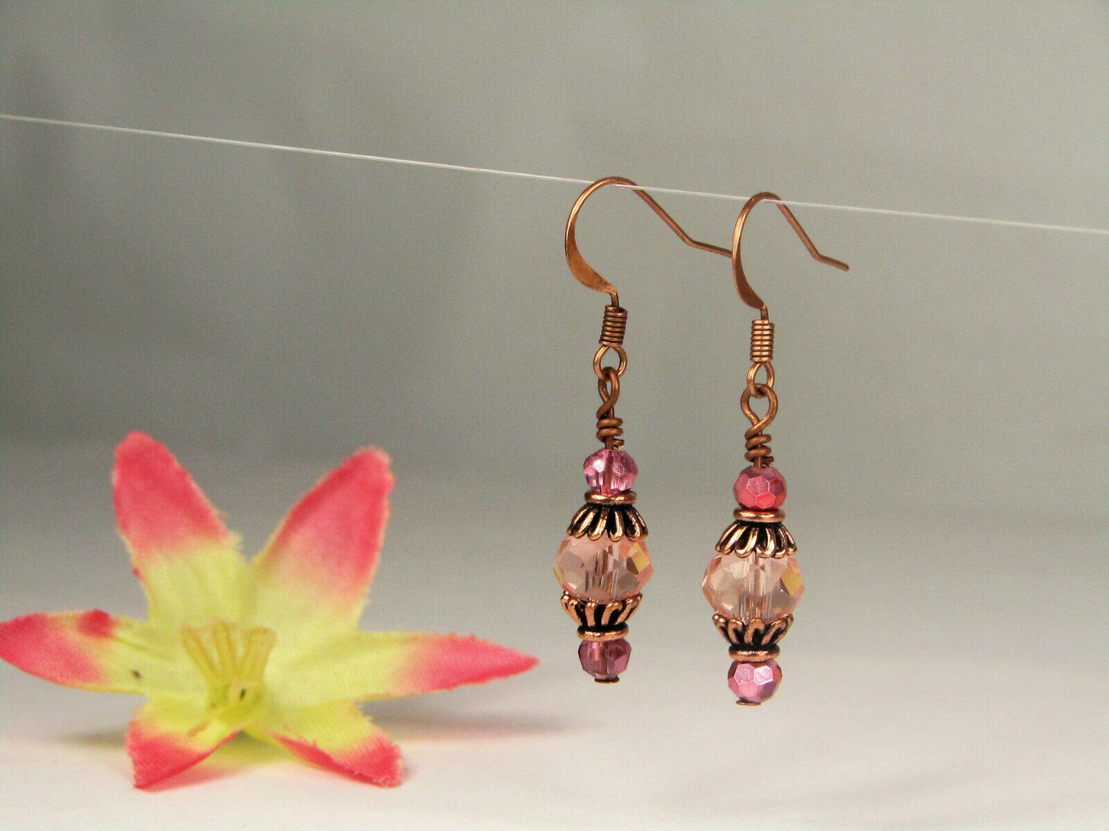 Faceted Pink Crystal Antique Copper Capped Dangle Earrings, Artisan Made OOAK - Bad Apple Designs Jewelry