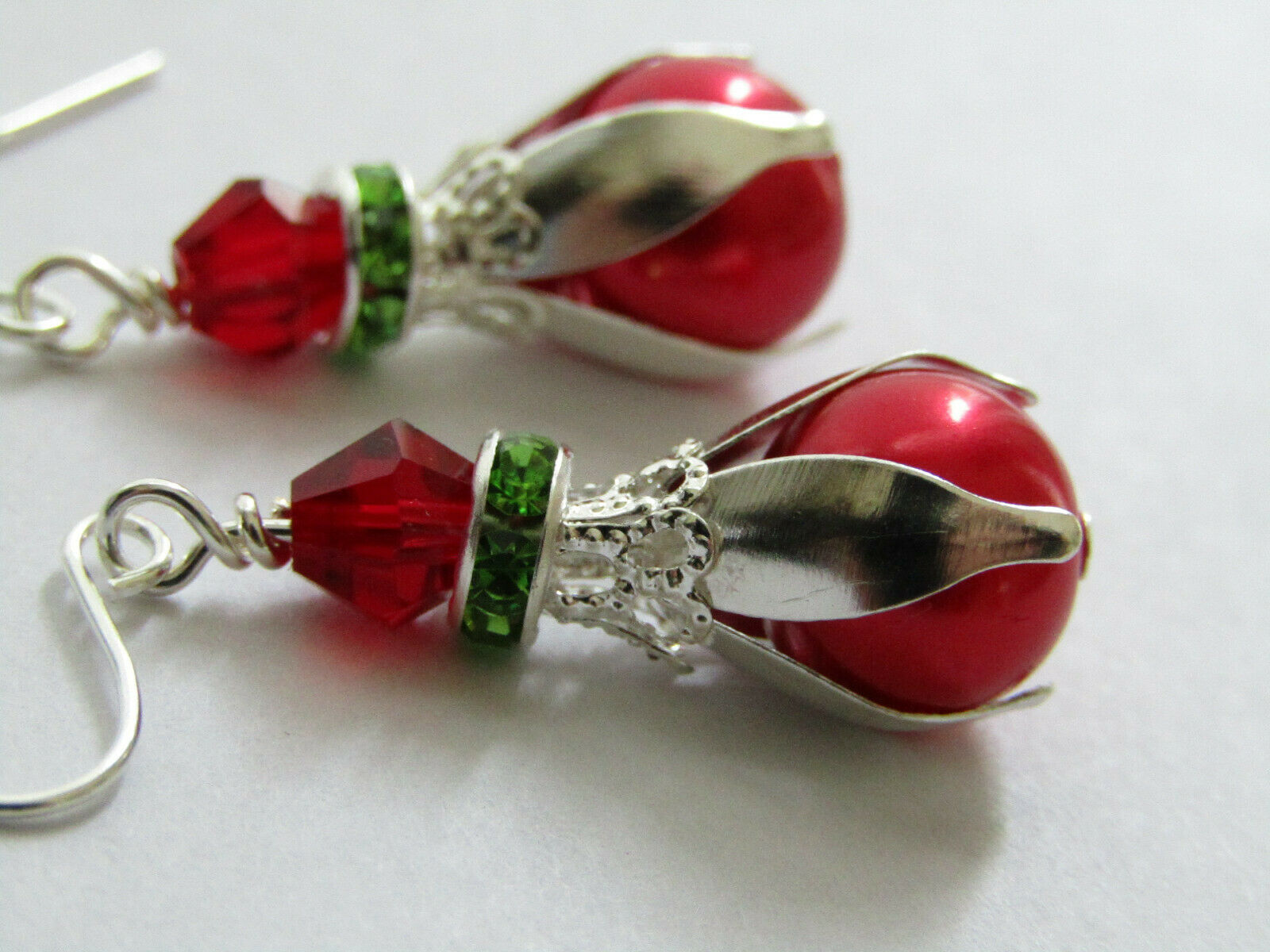 Red Glass Pearl Green Crystal Christmas Holiday Earrings Silver - Bad Apple Designs Jewelry