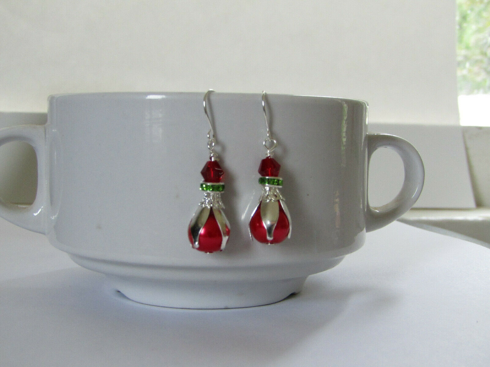 Red Glass Pearl Green Crystal Christmas Holiday Earrings Silver - Bad Apple Designs Jewelry