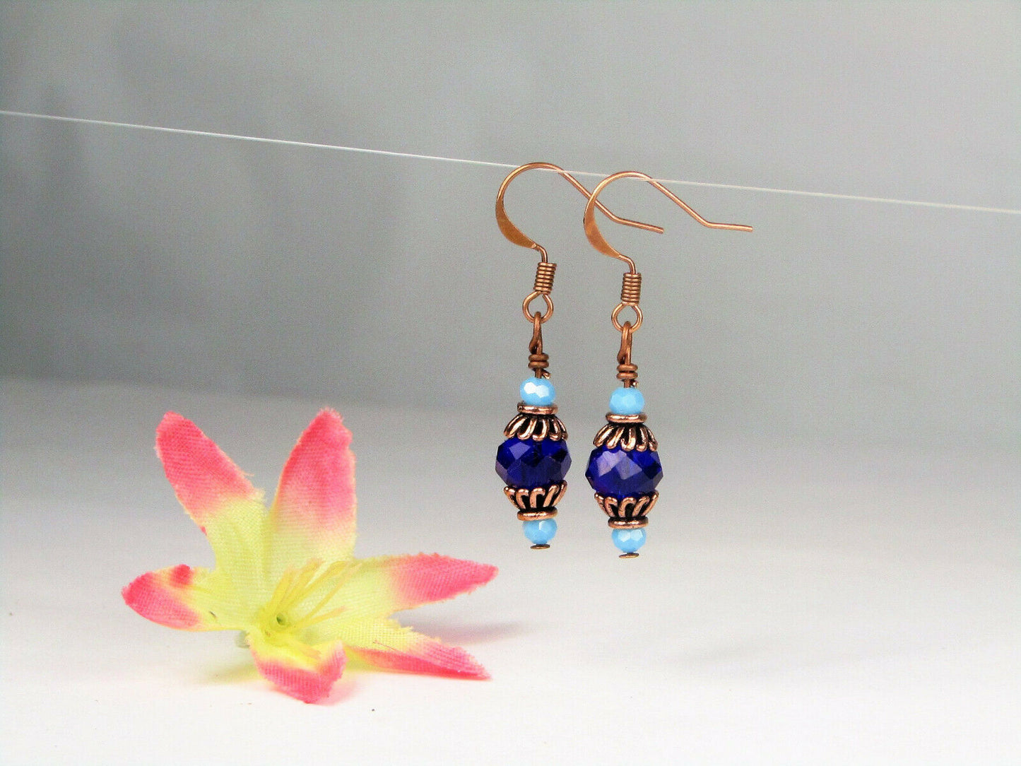 Faceted Blue Crystal Antique Copper Dangle Earrings USA HANDMADE - Bad Apple Designs Jewelry