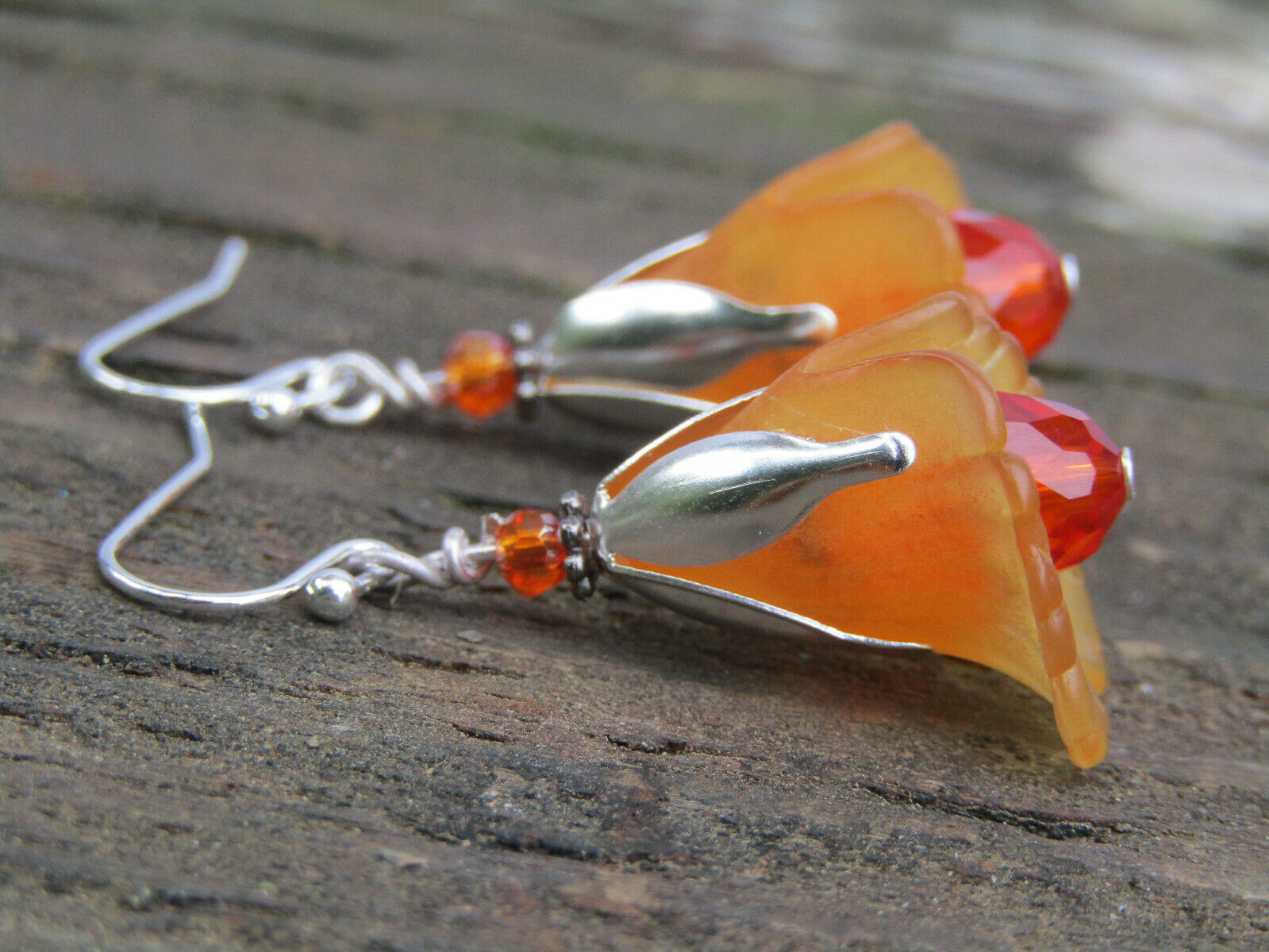 Flower Earrings Orange Tulip Cala Lily Silver Dangle Earrings Sparkling Crystal - Bad Apple Designs Jewelry