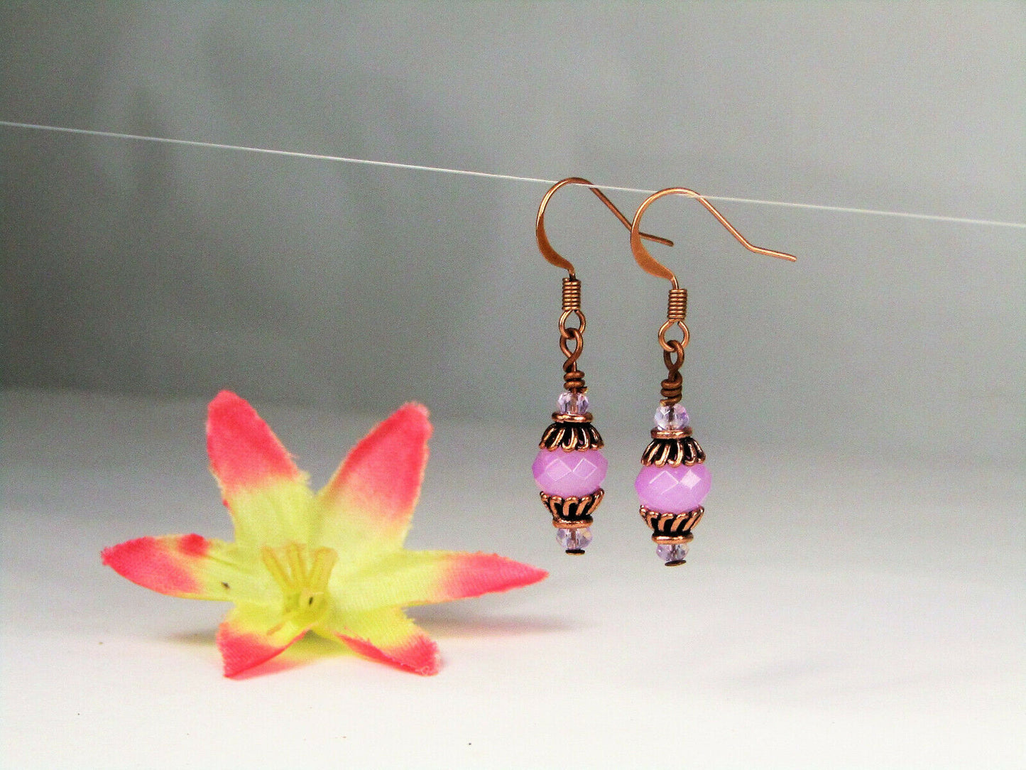 Faceted Opaque Purple Crystal Antique Copper Capped Dangle Earrings Artisan Made - Bad Apple Designs Jewelry