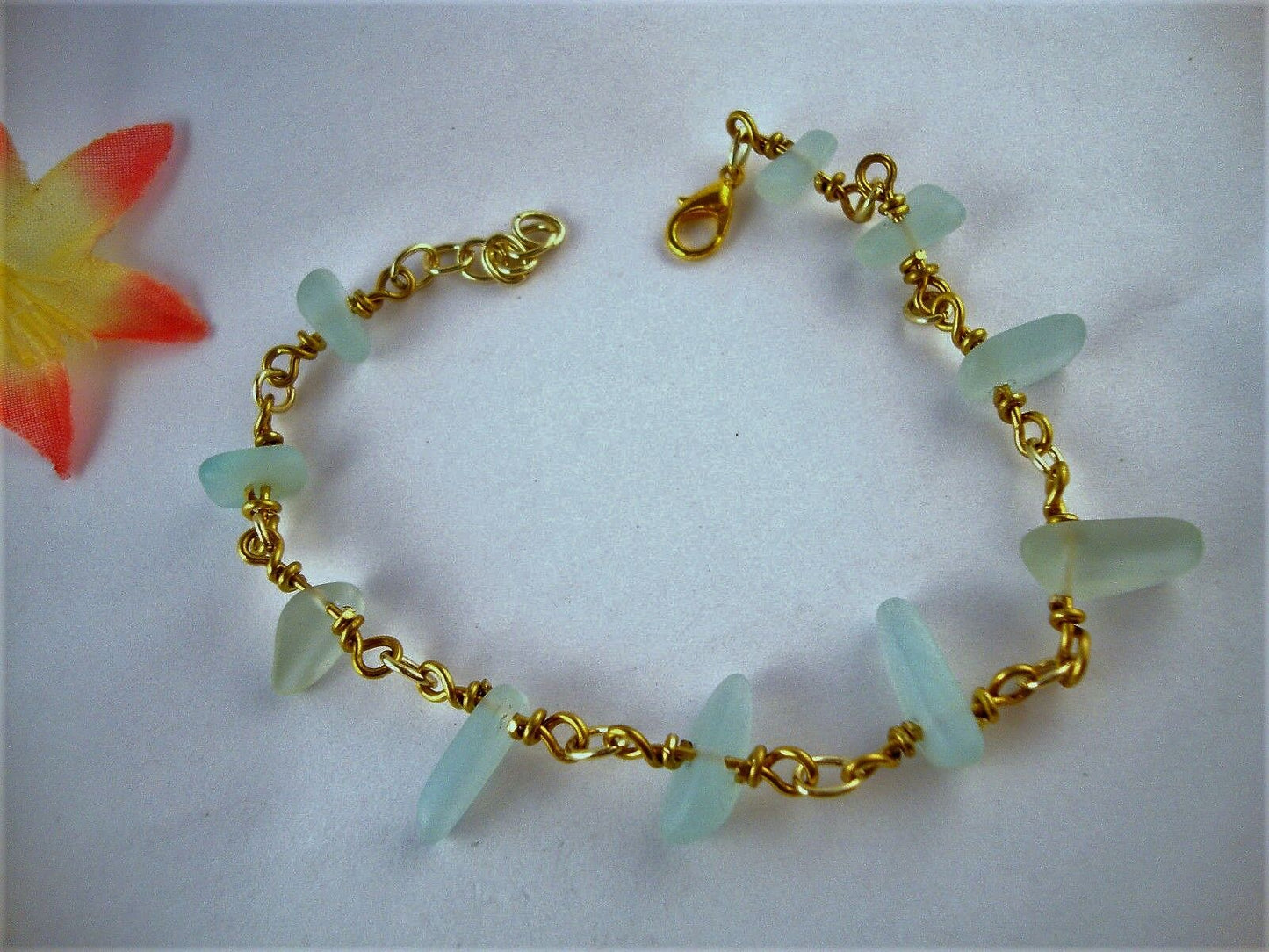 Aqua Blue Sea Glass Chain Link Bracelet