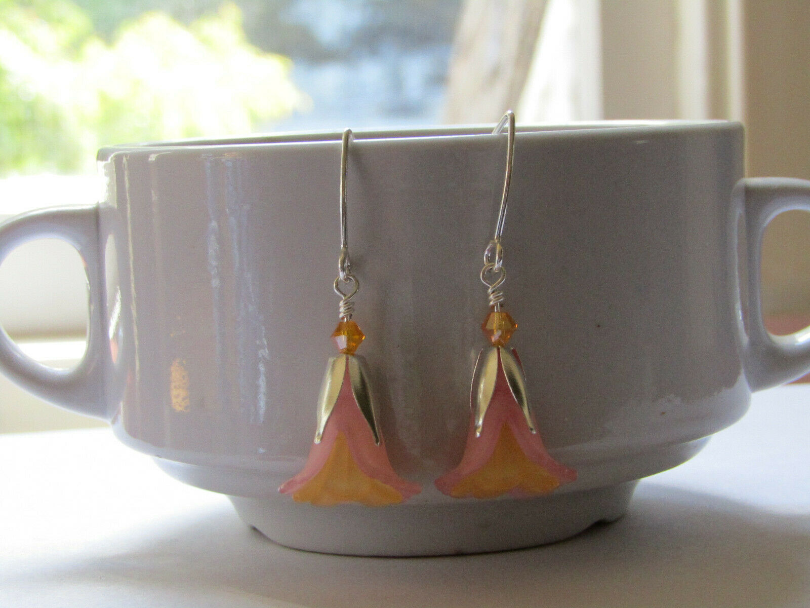 Flower Earrings Pink Orange Tulip Cala Lily Silver Dangle Earrings Usa Handmade - Bad Apple Designs Jewelry