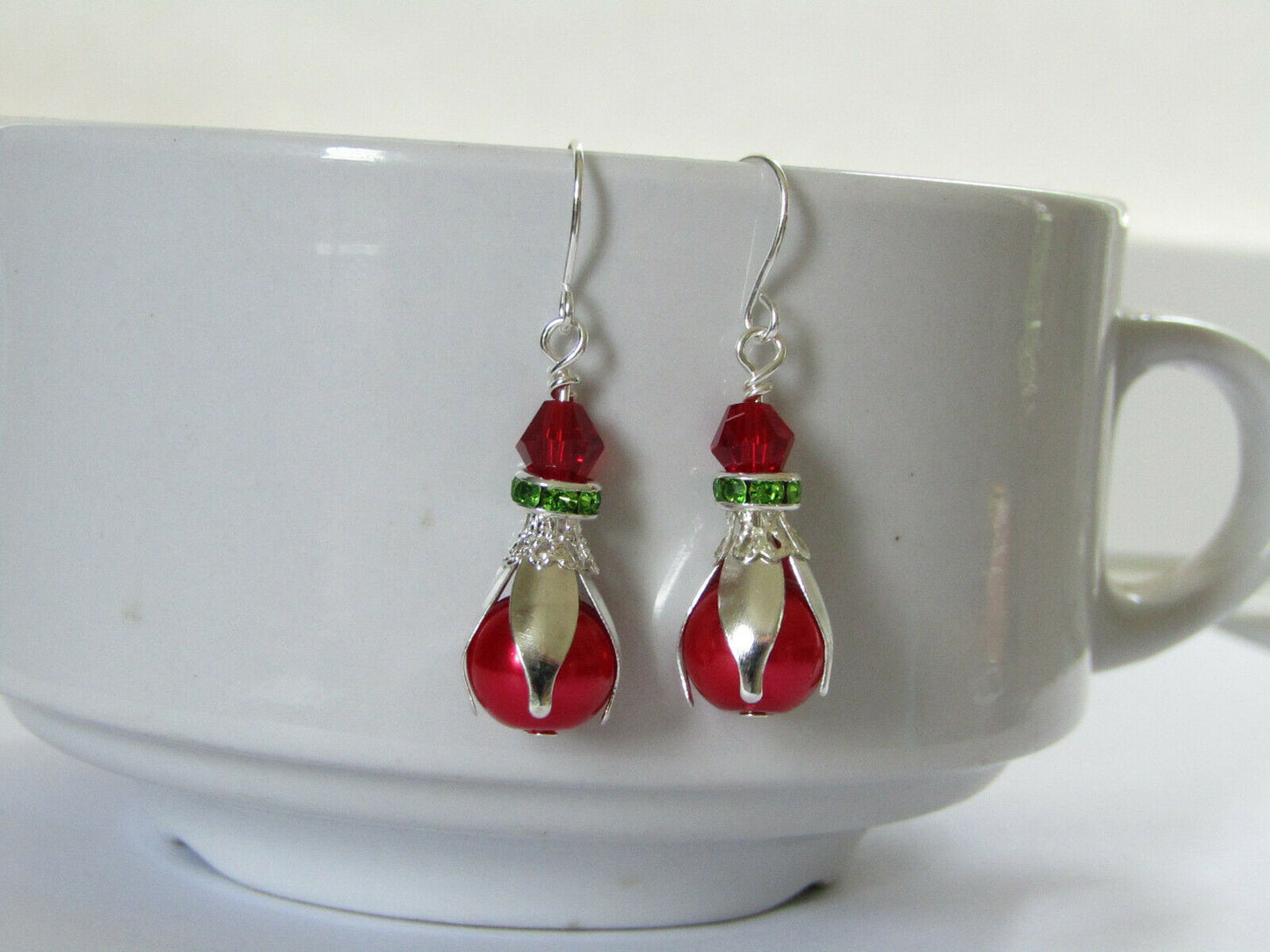 Red Glass Pearl Green Crystal Christmas Holiday Earrings Silver - Bad Apple Designs Jewelry