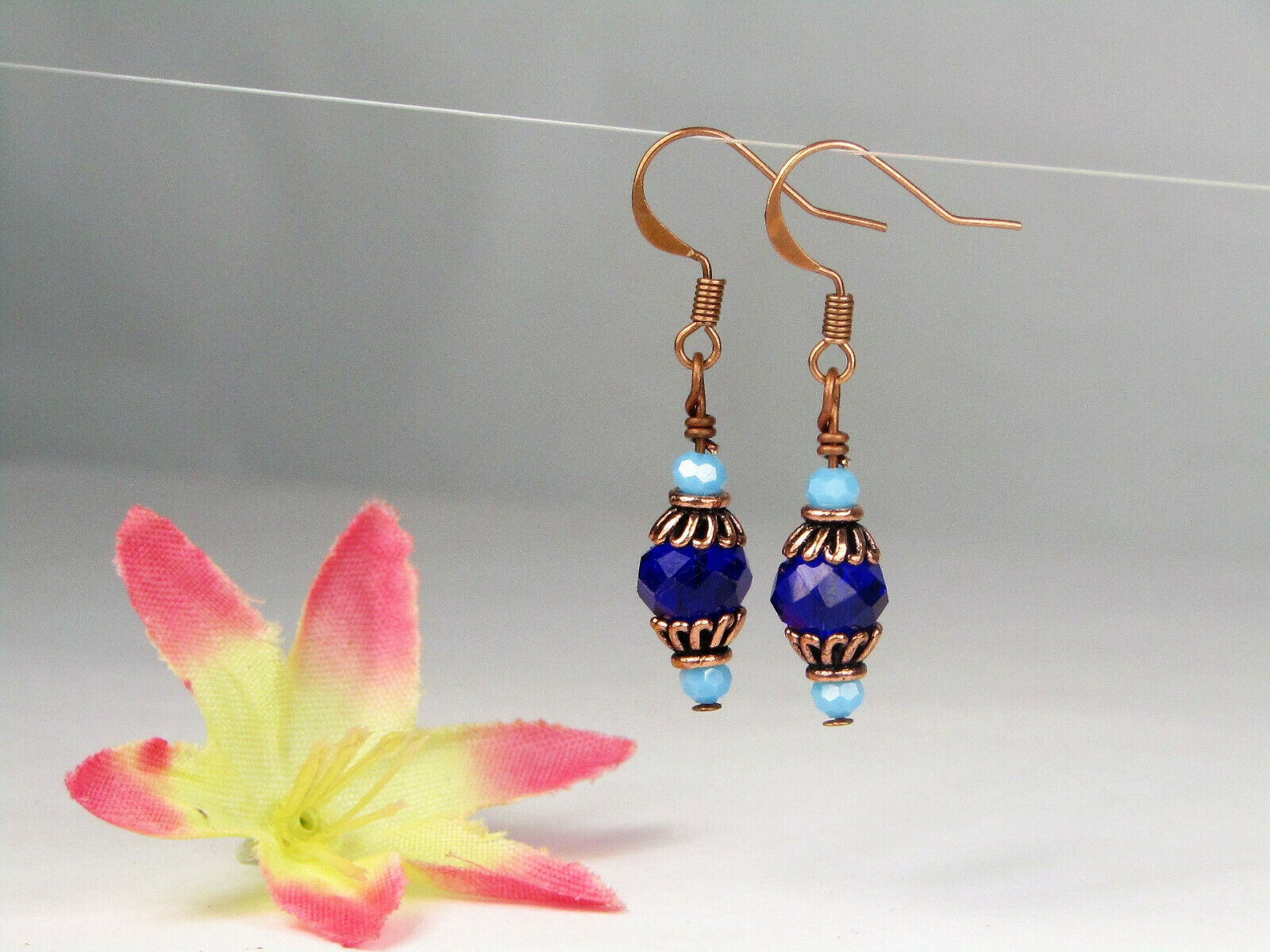 Faceted Blue Crystal Antique Copper Dangle Earrings USA HANDMADE - Bad Apple Designs Jewelry