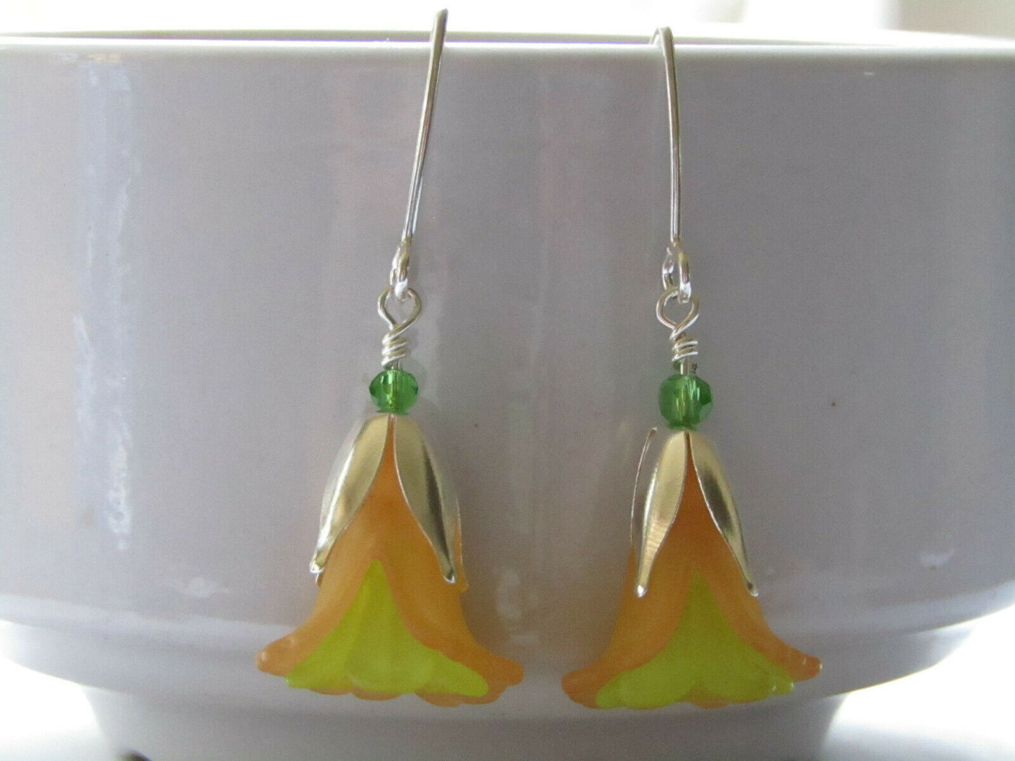 Flower Earrings Orange Green Tulip Cala Lily Silver Dangle Earrings Usa Handmade - Bad Apple Designs Jewelry