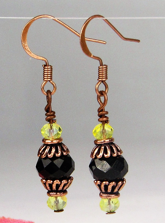 Faceted Black Yellow Crystal Antique Copper Capped Dangle Earrings USA HANDMADE - Bad Apple Designs Jewelry