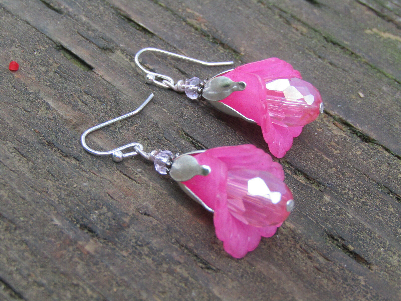 Flower Earrings Pink Tulip Cala Lily Silver Dangle Earrings Sparkling Crystal - Bad Apple Designs Jewelry