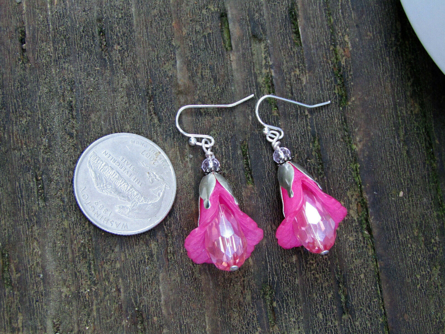 Flower Earrings Pink Tulip Cala Lily Silver Dangle Earrings Sparkling Crystal - Bad Apple Designs Jewelry