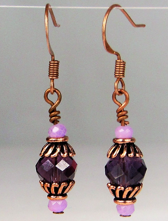 Faceted Purple Crystal Antique Copper Capped Dangle Earrings, Artisan Made OOAK - Bad Apple Designs Jewelry