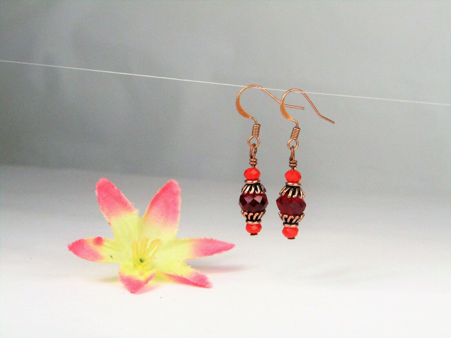 Faceted Red Crystal Antique Copper Capped Dangle Earrings , Artisan Made Ooak - Bad Apple Designs Jewelry