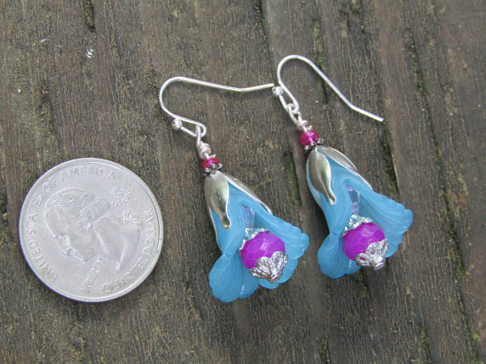 Flower Earrings Blue Purple Dangle Lucite Trumpet Lily Silver Plated - Bad Apple Designs Jewelry